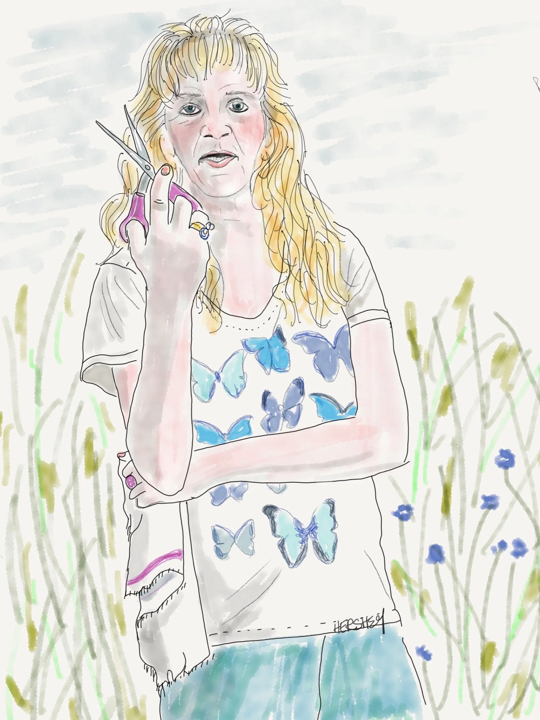 “I can’t deal with all these “Trumpies” around me. If New Hampshire doesn’t go blue, they’re gonna have to deal with me and my scissors!” Drawing by Jennifer Hershey. Follow her work on Instagram at deeofo.