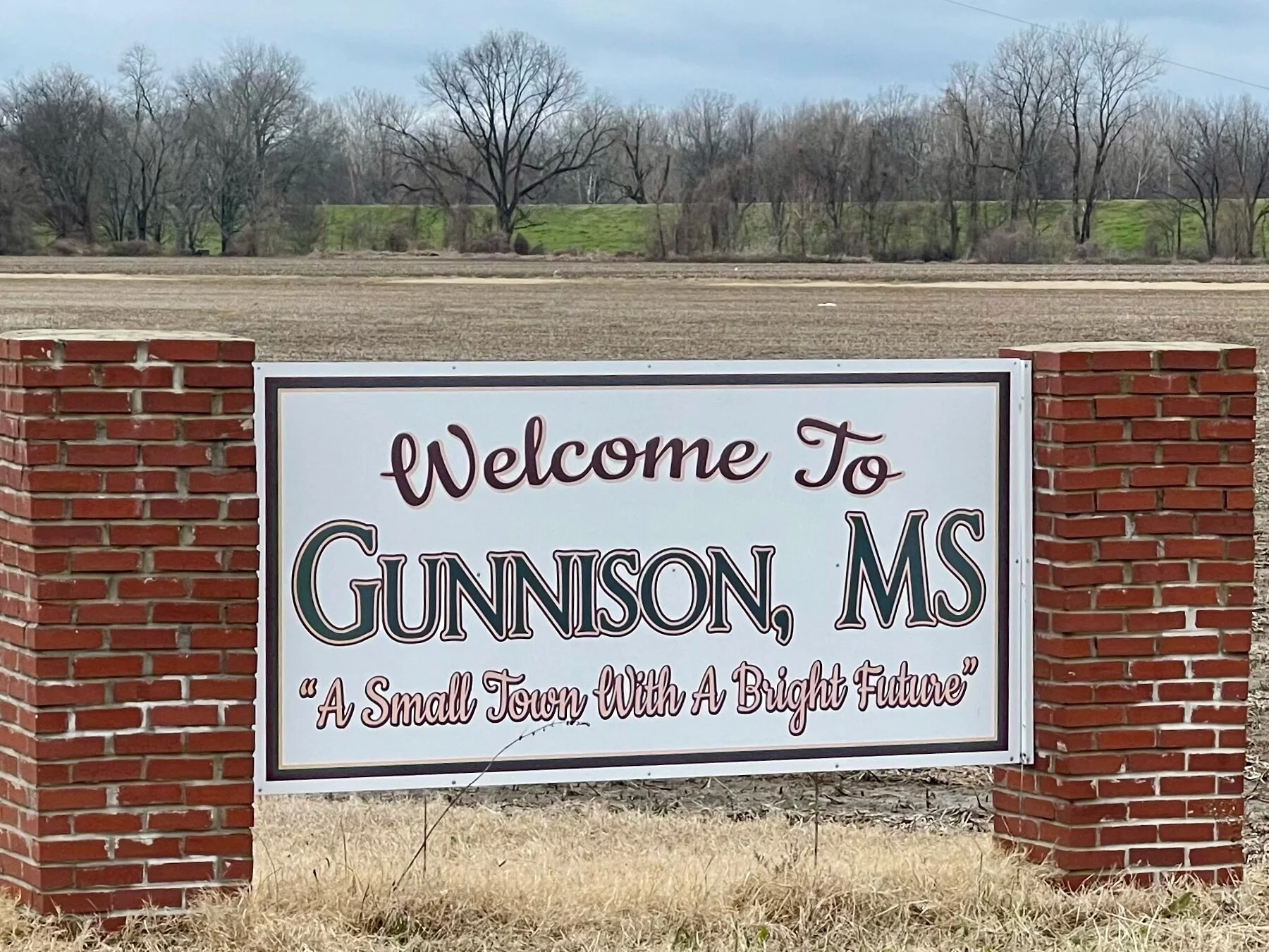 The welcoming sign on the way into Gunnison, Mississippi.