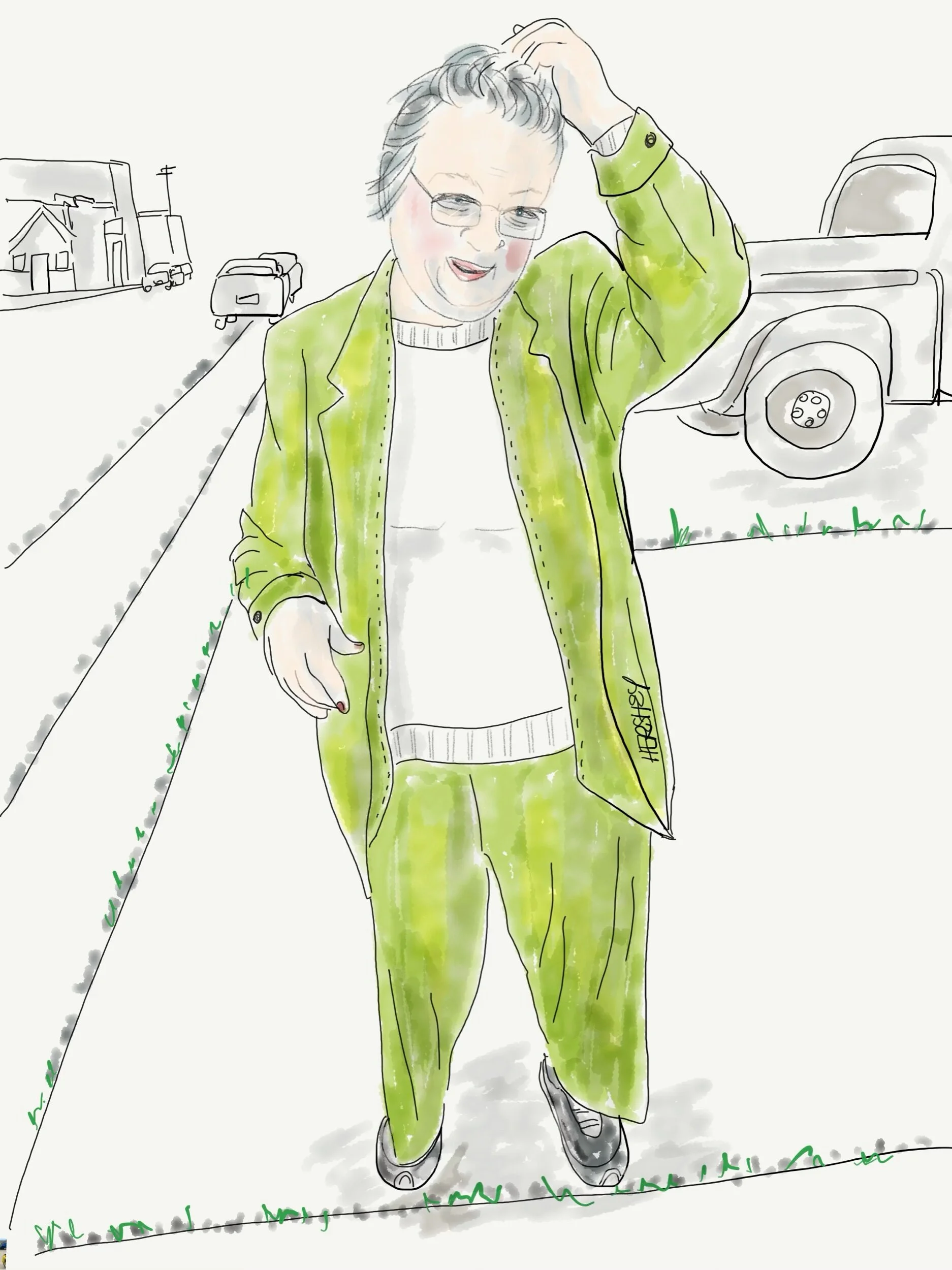 We met Mylene, the town historian of Enderlin, North Dakota, about 70 miles west of Fargo, the day before we got to Gackle. She greeted us in her bright green pant suit and shared with us the history of why this town was more diverse (in its European ancestry) than most other North Dakota towns. This says something about diversity in North Dakota, since the 2010 census indicates Enderlin is 98.6% White, 2.4% Hispanic, 0.2% African American, 0.8% Native American, 0.1% Asian, and 0.2% from two or more races. When asked, she said the population  was exactly 884 - unless someone she didn’t know about had died the night before. Drawing by Jennifer Hershey. Follow her work on Instagram at deeofo.