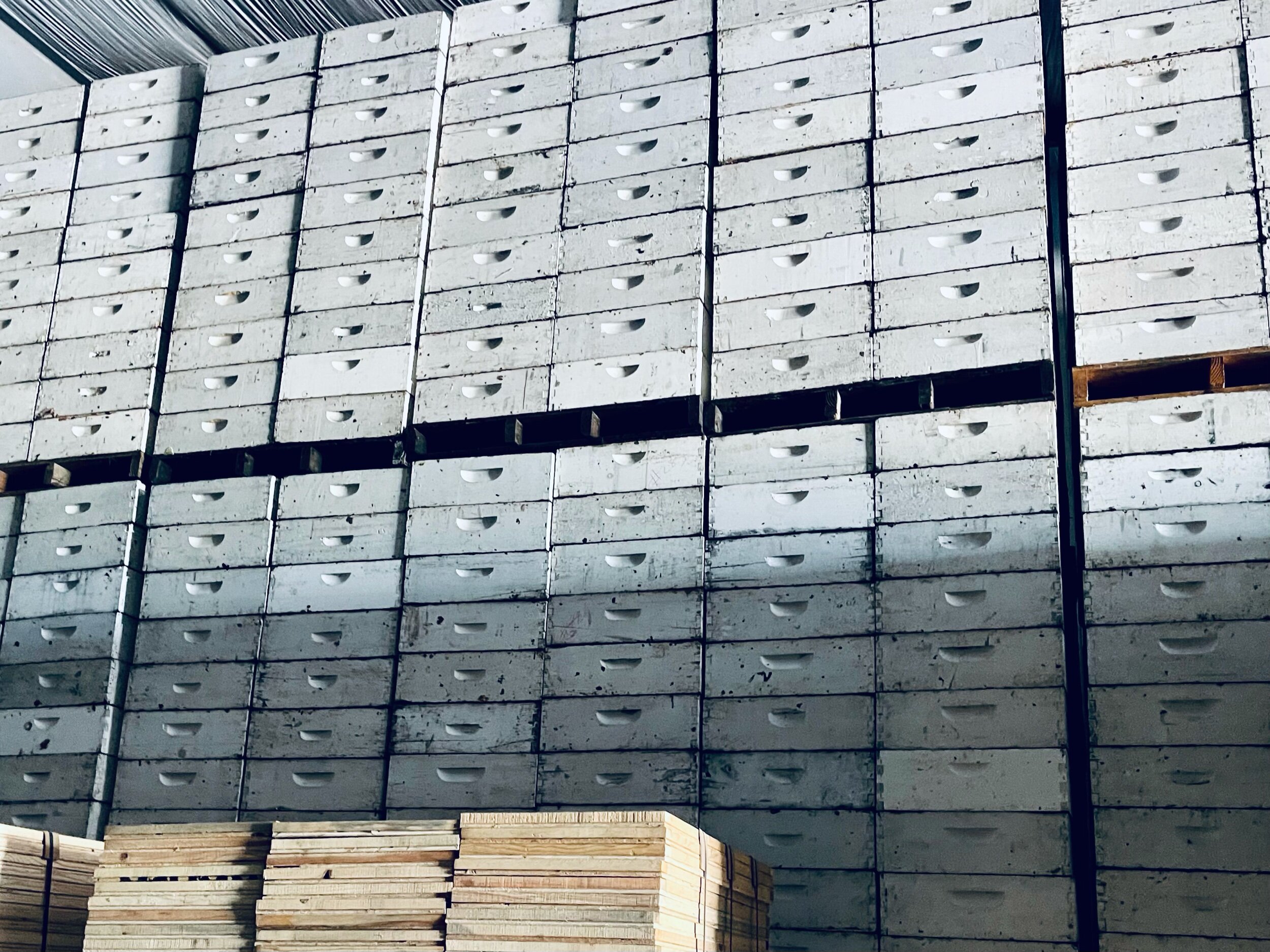 Extra beehive pallets  line the wall in the Miller Honey winter storage facility in Gackle, ND. Photo by Michael Chase.