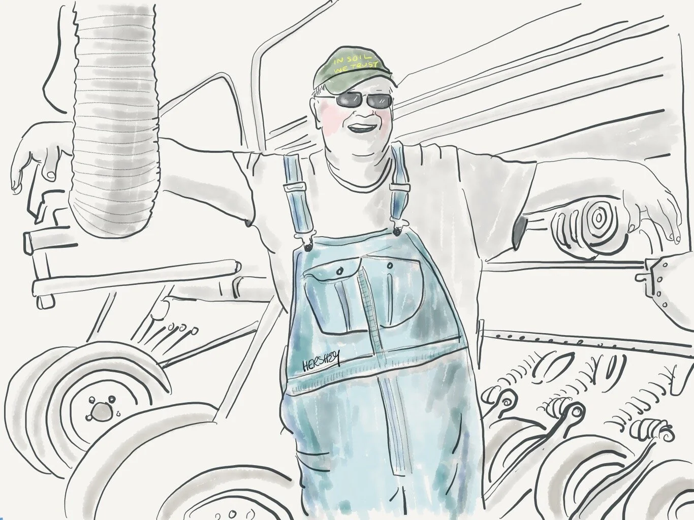 Gabe Brown relaxes on his no-till planter after explaining how it plants seed with minimal disruption to  soil. Drawing by Jennifer Hershey. Follow her work on Instagram at deeofo.