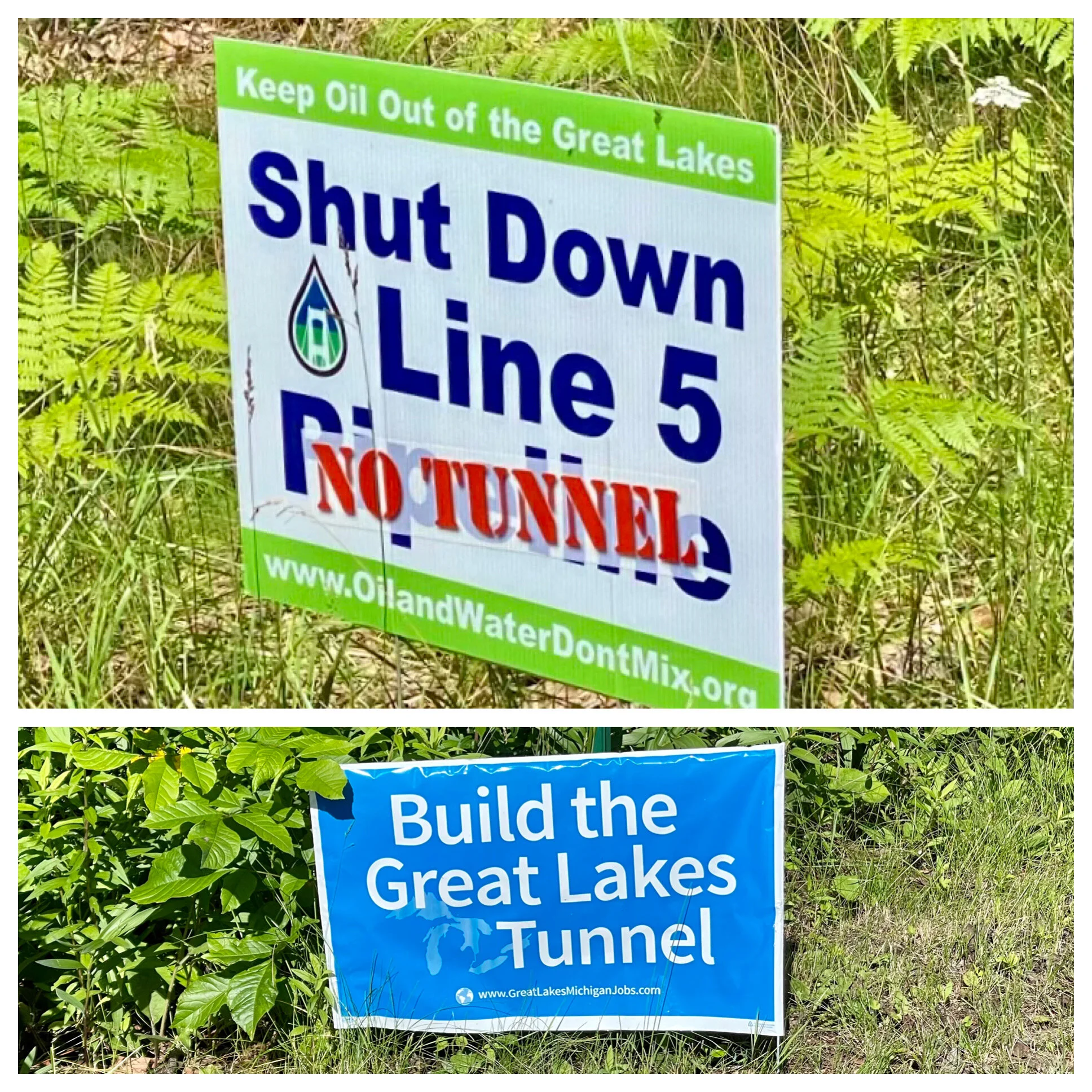 We saw many similar signs as we crossed the Mackinaw Straights (by ferry from Mackinaw City to Mackinaw Island and then to St. Ignace) and ventured into the UP. Turns out that Pipeline #5 is a proposed replacement pipeline for a current one that already traverses the straights. Built in the 1950’s the current pipeline is a steel tube on the bottom of the lake secured by concrete slabs. Enbridge (the same company that built sections of the currently abandoned Keystone Pipeline, as well as the pipeline that caused the largest on-land oil spill in US history in Kalamazoo, MI in 2010) says the new tunnel will be far safer than the current one with its aging steel and inadequate infrastructure. Opponents say otherwise. Later in the trip we saw a similar sign for Pipeline 3, another Enbridge Pipeline “replacement” project that cuts through northern Minnesota.&nbsp; Here’s an interesting You Tube presentation on Line 3. Photos by Michael Chase. Follow him on Instagram at mjohnsonchase.