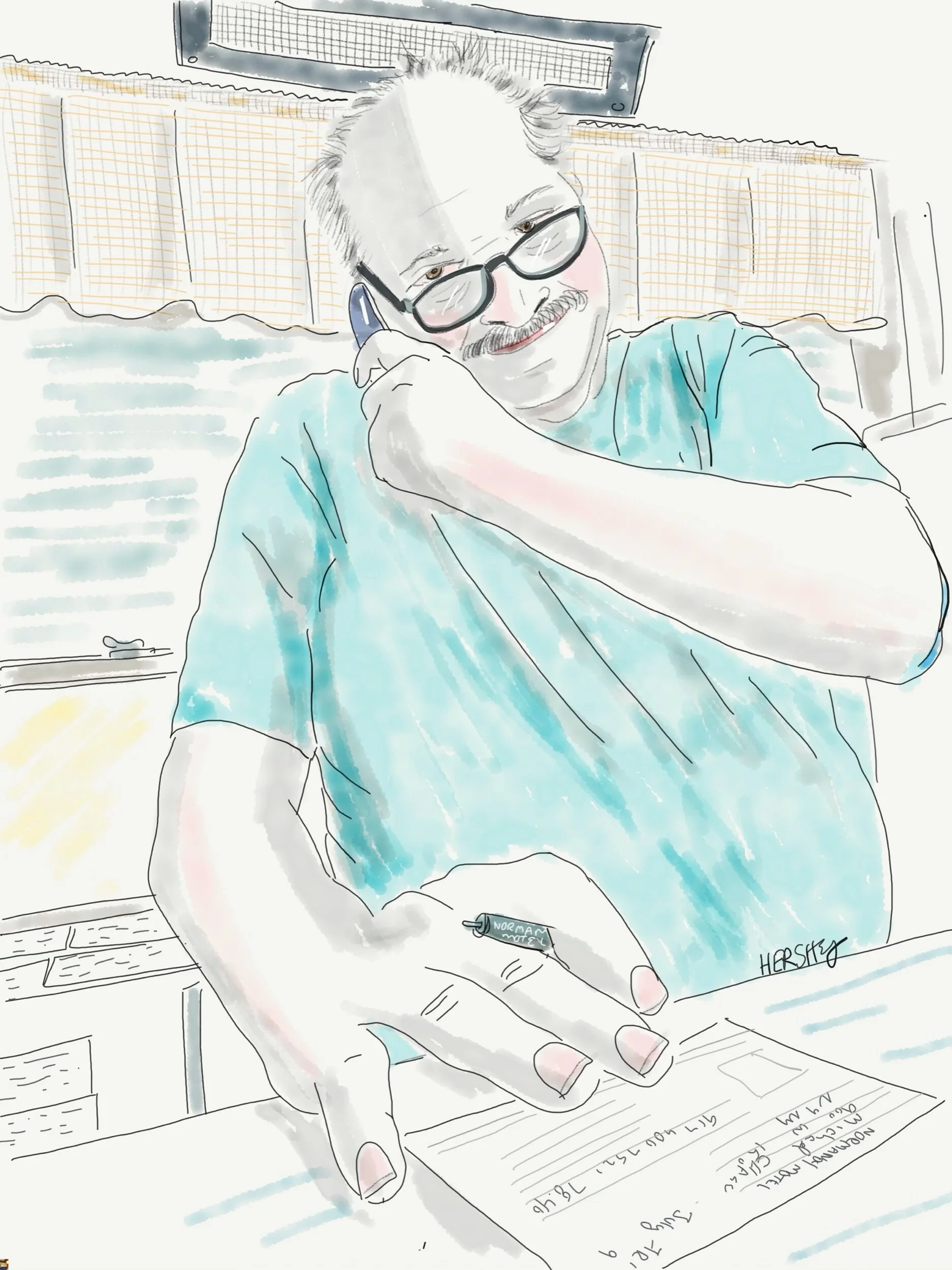 Elvis, the manager of the Normandy Motel in St. Ignace on the north side of “Big Mac,” lost his wife right before COVID. He takes great pride in running the motel, computer free. He spends his day doing motel laundry in the garage and hanging out in his worn out easy chair watching NASCAR. Drawing by Jennifer Hershey. Follow her work on Instagram at deeofo.