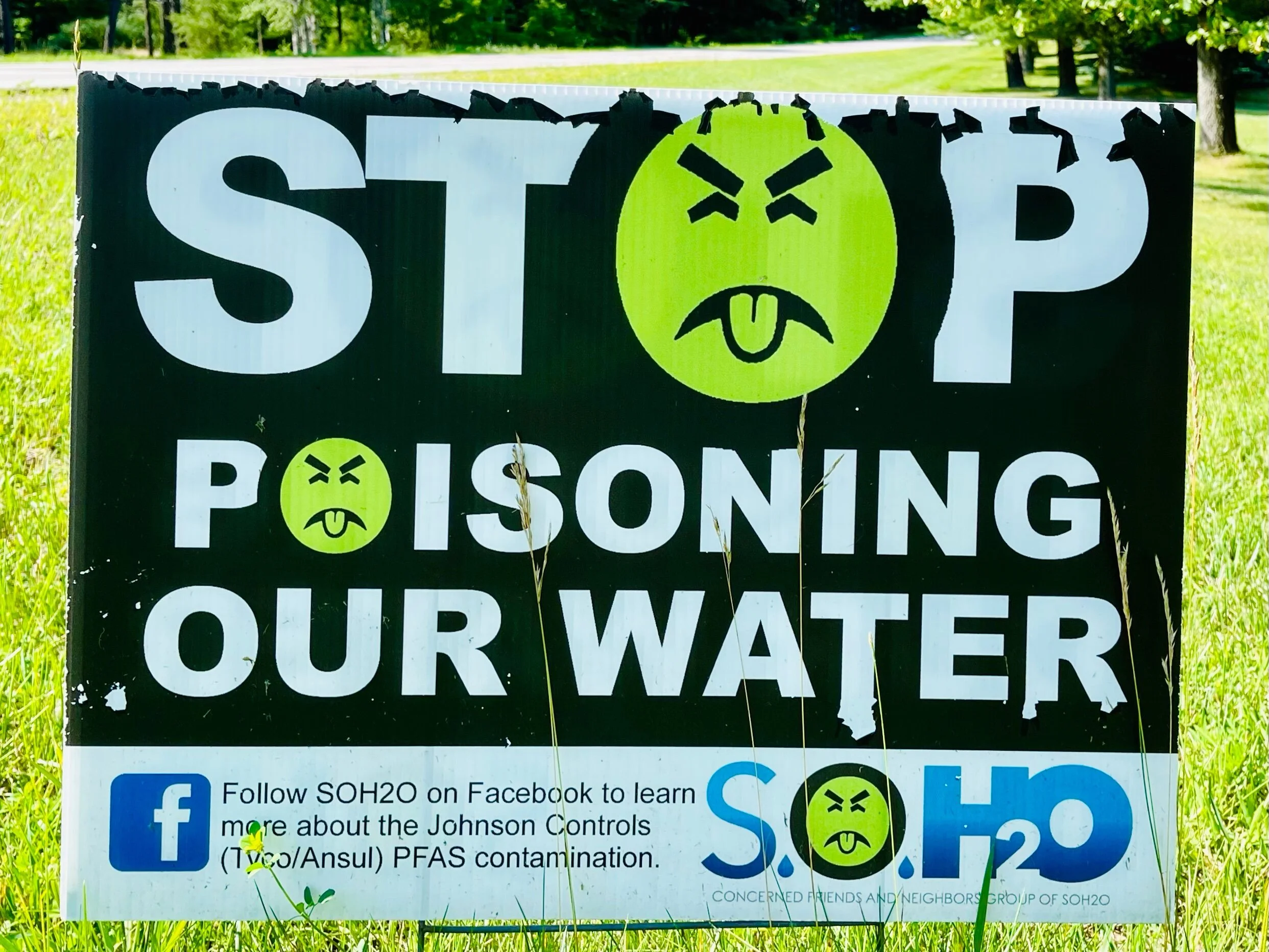 We noticed this sign near Peshtigo, WI, and realized we had wandered into a local struggle between Wisconsin residents and&nbsp;Johnson Controls-Tyco, a PFAS-infused firefighting foam manufacturer. For years there was no Clean Air or Water Acts watching out for the environment, and people weren’t thinking about potential air quality impacts or soil, surface and groundwater contamination. Then, in 2017 the Wisconsin DNR announced PFAS contamination in the Marinette/Peshtigo area as the highest known in the state. That’s when local residents learned that many private wells were situated in the center of the contamination plume. Shortly after that they formed a small group, concerned friends and neighbors, which later morphed into SOH2O, Save Our Water.&nbsp;