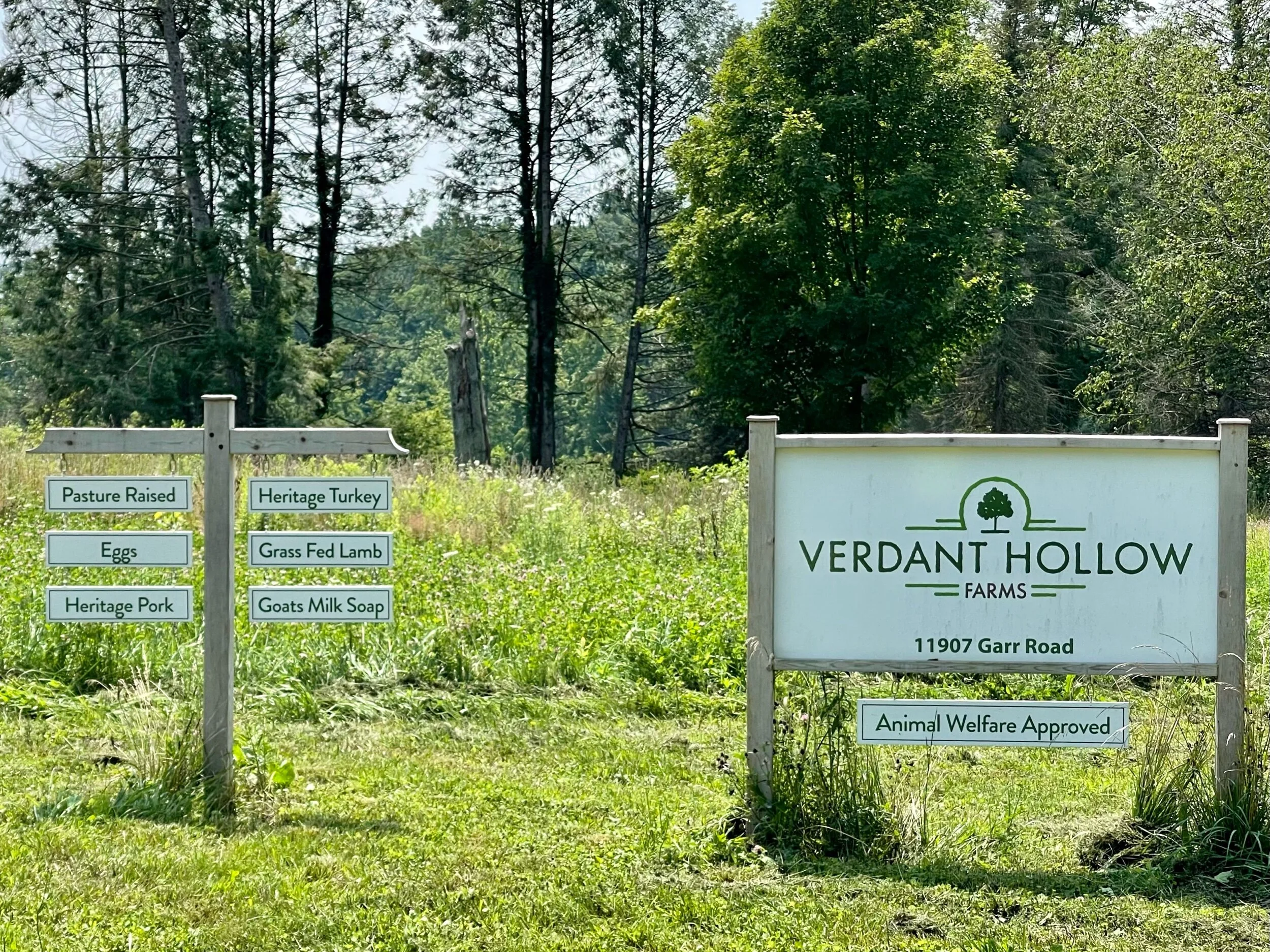 The entrance to Verdant Hollow Farm in Buchanan, MI. This farm has the highest rating for animal welfare approved and is gradually changing over fields once farmed by others as conventional corn and soy  to perennial feed crops for grass-fed animal stock and soil-based carbon sequestration.