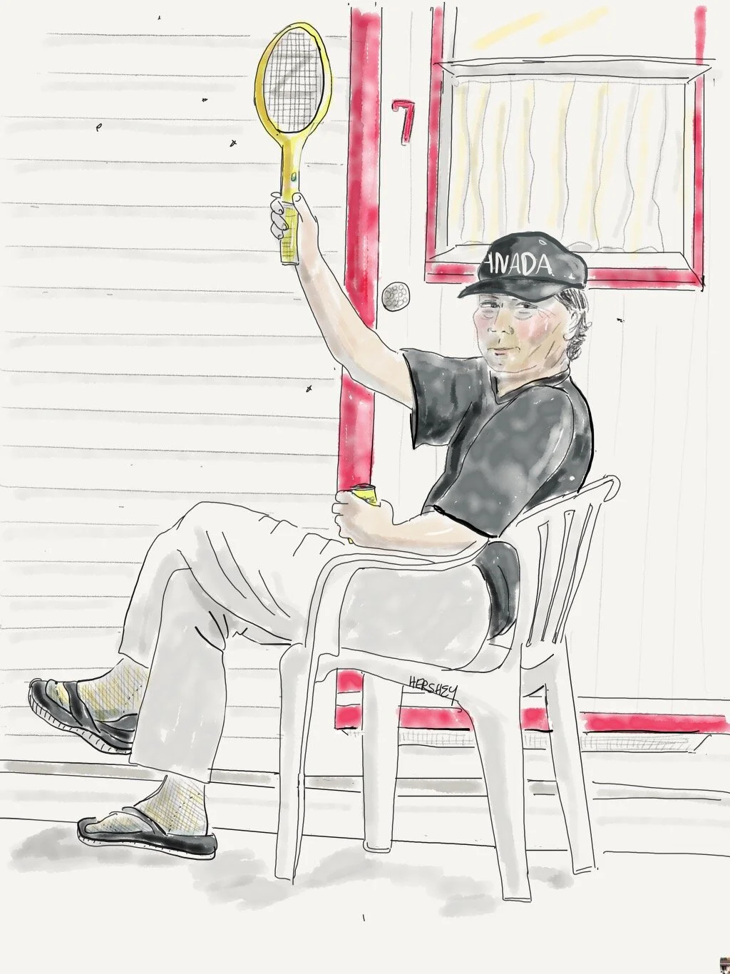 After their kids left the nest, Yeung and his wife left their home in Vancouver and came to PEI, where they bought a mid-century motel in Murray Harbor in the southeast of PEI. Yeung kept us safe from mosquitoes with his racquet zapper. Drawing by Jenny Hershey. Follow her on Instagram @deeofo.