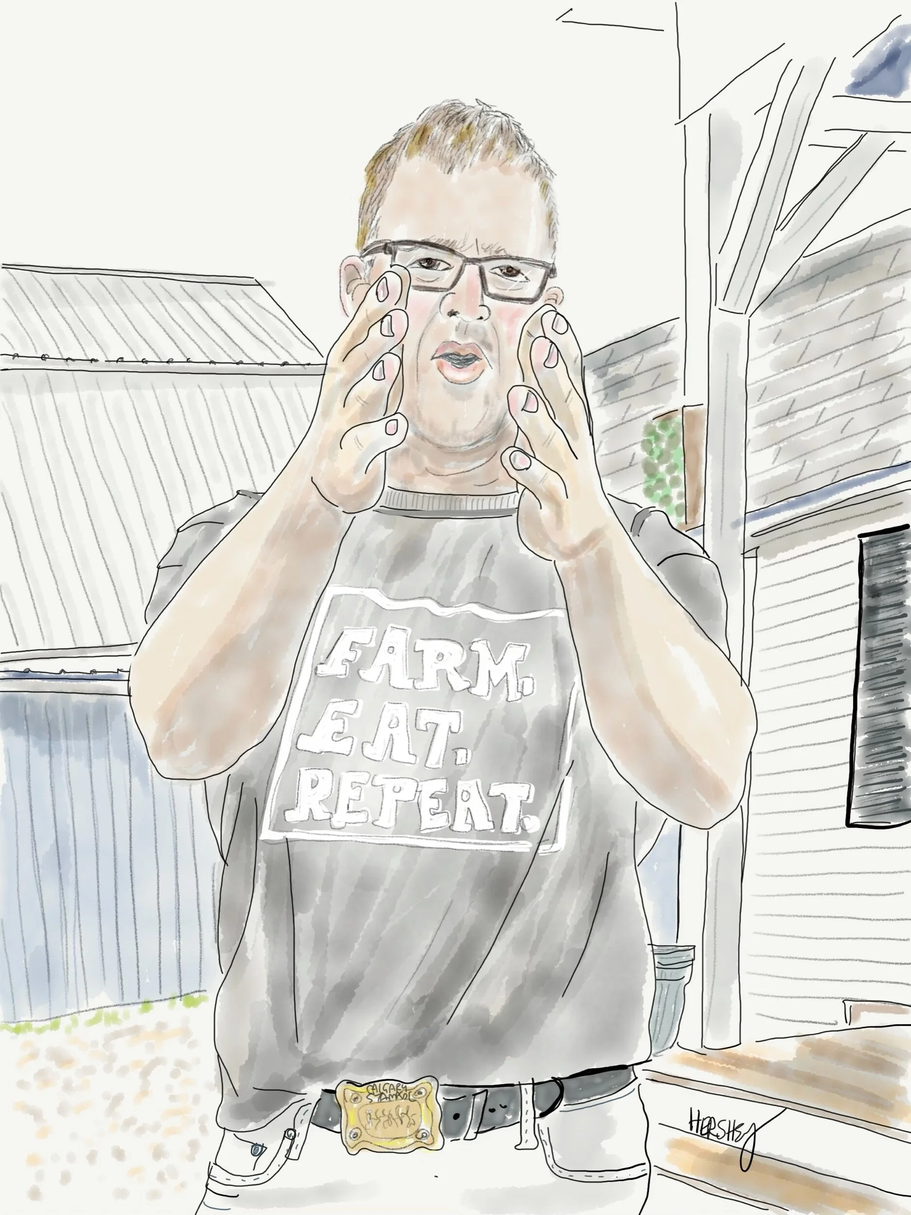 Mark Bernard makes a point about commercial versus organic feedstock. Mark is from Freetown, PEI, and along with his wife Sally converted his traditional family farm in 2002 into a Certified Organic production (primarily as a financial consideration). As their soil management practices improved and they witnessed land and nature respond positively to their organic practices, they started taking organic more seriously. They’ve never looked back. Sally co-manages the expanding&nbsp;Organic Grainery, and together they operate &nbsp;Barnyard Organics. Drawing by Jenny Hershey. Follow her on Instagram @deeofo.
