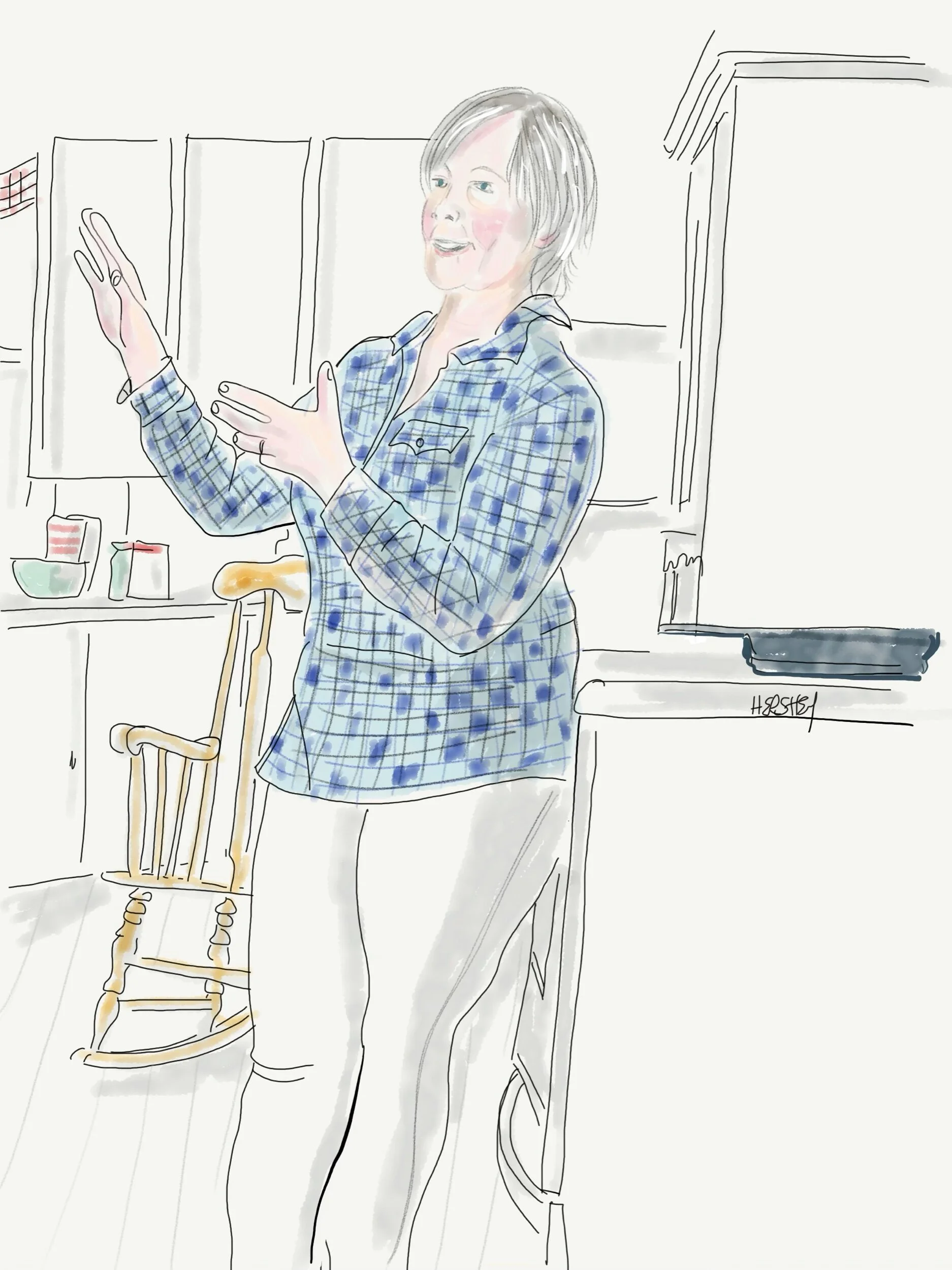 Kathy MacCay from Crystal Green Farms in the 140 year-old  farmhouse in which she was raised, and in which she raised her children. She has lived in this house for most of her life. Kathy runs a tight ship working with husband Brian and caring part-time for her 14 grandchildren. Somehow, she also managed to cook us delicious homemade waffles (from a pancake flour mix milled in their barn for market distribution). Drawing by Jenny Hershey. Follow her on Instagram @deeofo.