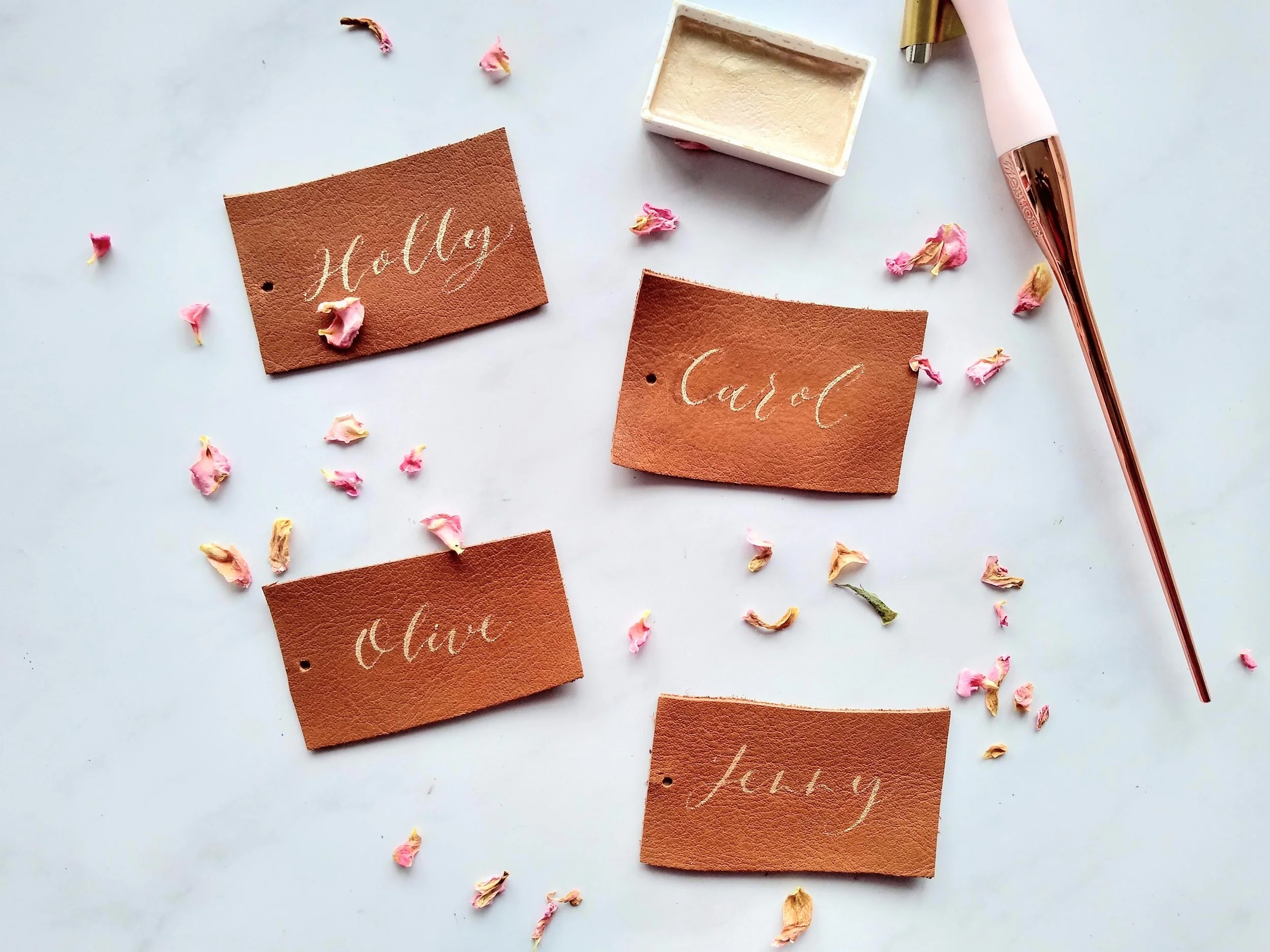 Leather calligraphy place cards