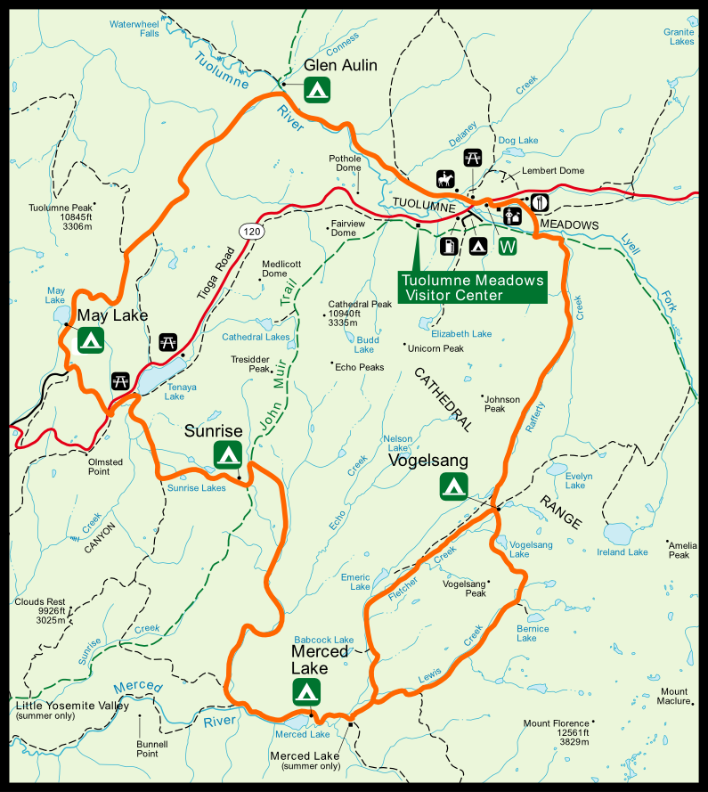 The High Sierra Camp loop is generally done counter-clockwise, starting at either Tuolumne Meadows/Glen Aulin and ending at Volgesang.