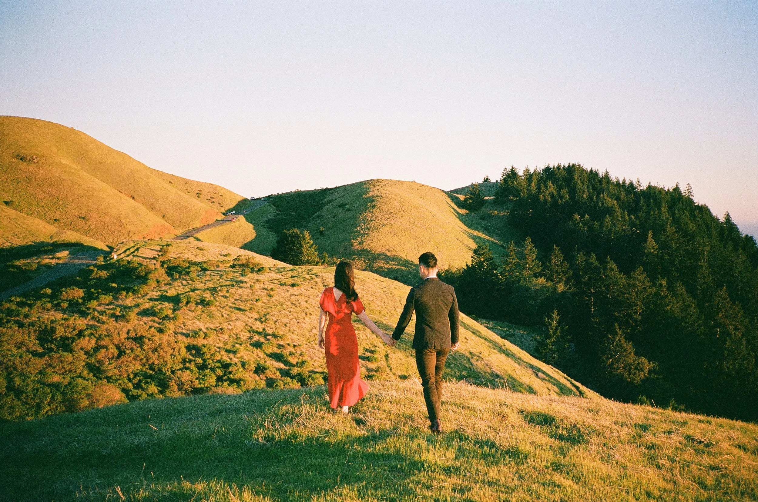 A couple walking hand in hand through a hilly landscape with green grass and scattered trees during sunset.