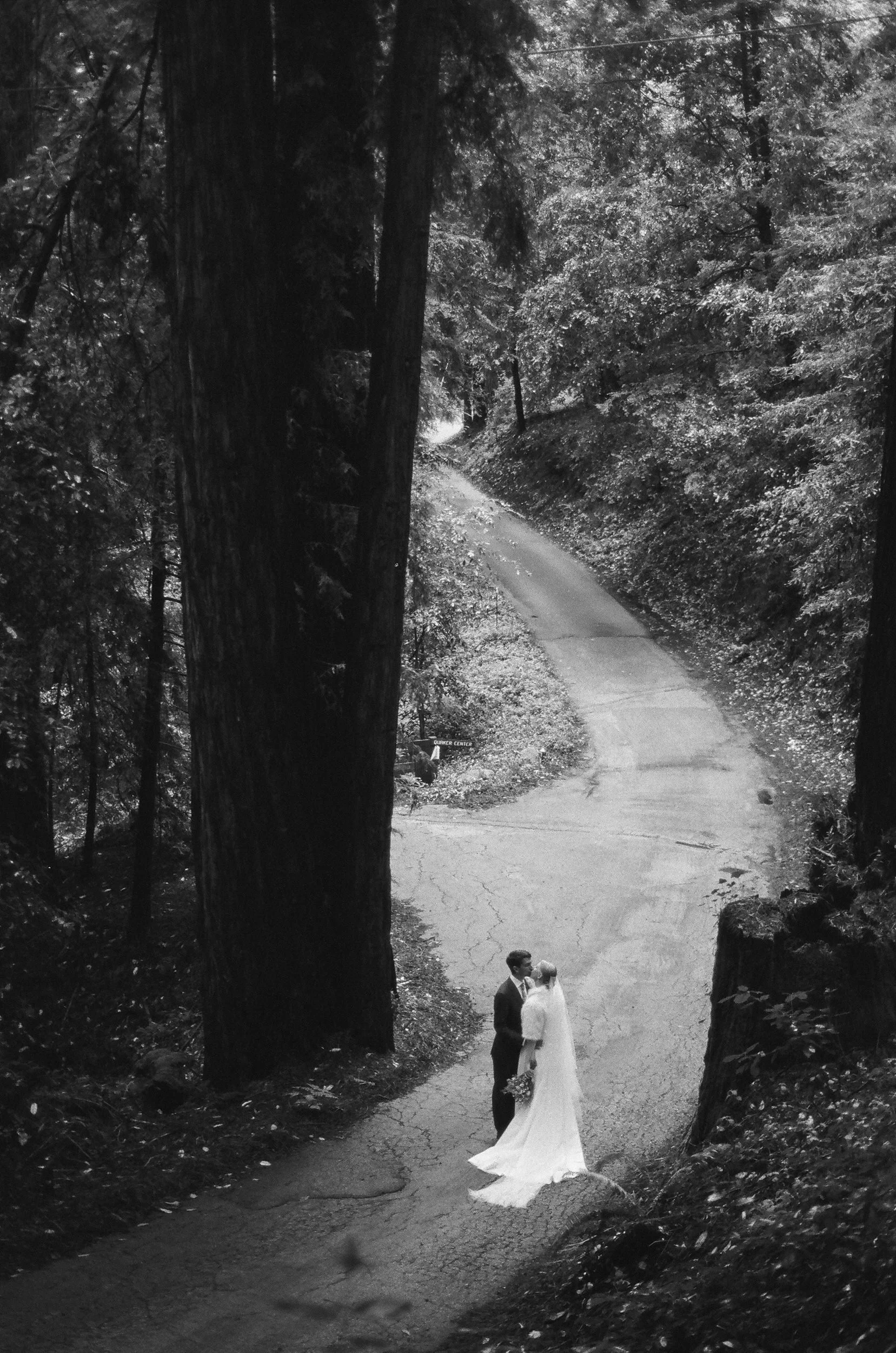 A black and white photo of a couple on their wedding day, standing on a dirt path in a wooded area. The bride is in a long white wedding gown holding a bouquet, and the groom is in a dark suit. They are facing each other, near some trees and a large 