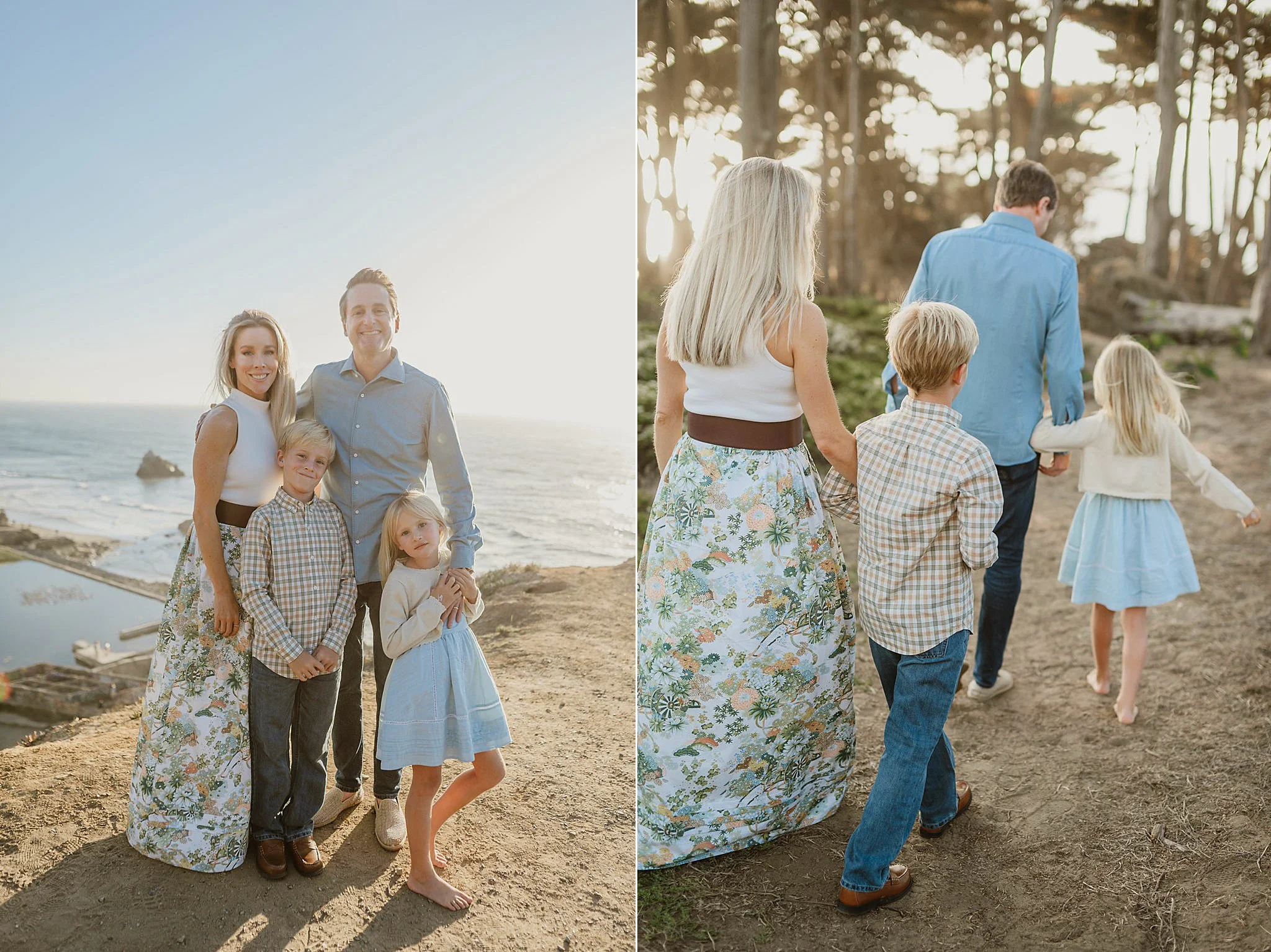 A family of five outdoors, standing on a rocky coastline near the ocean during sunset, smiling at the camera. They are a woman with long blonde hair, a man, two young girls, and a boy. The woman is wearing a long floral skirt, the man a light blue shirt, the boy a checked shirt, and the girls a light dress and a blouse with a skirt. The background features the ocean, rocks, and a boat docked nearby.