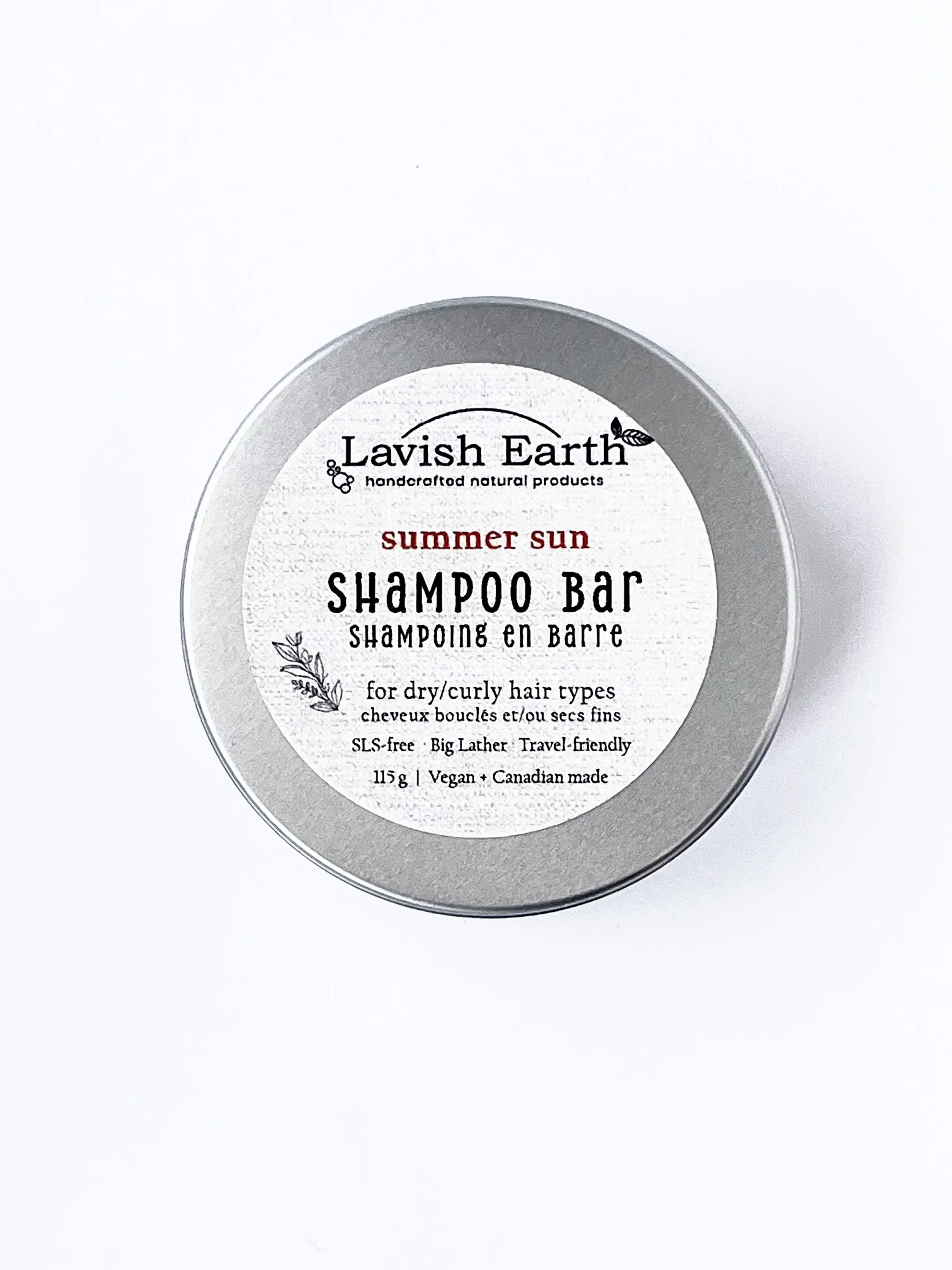 Lavish Earth Summer Sun shampoo bar in tin, natural solid shampoo for dry curly hair Ontario