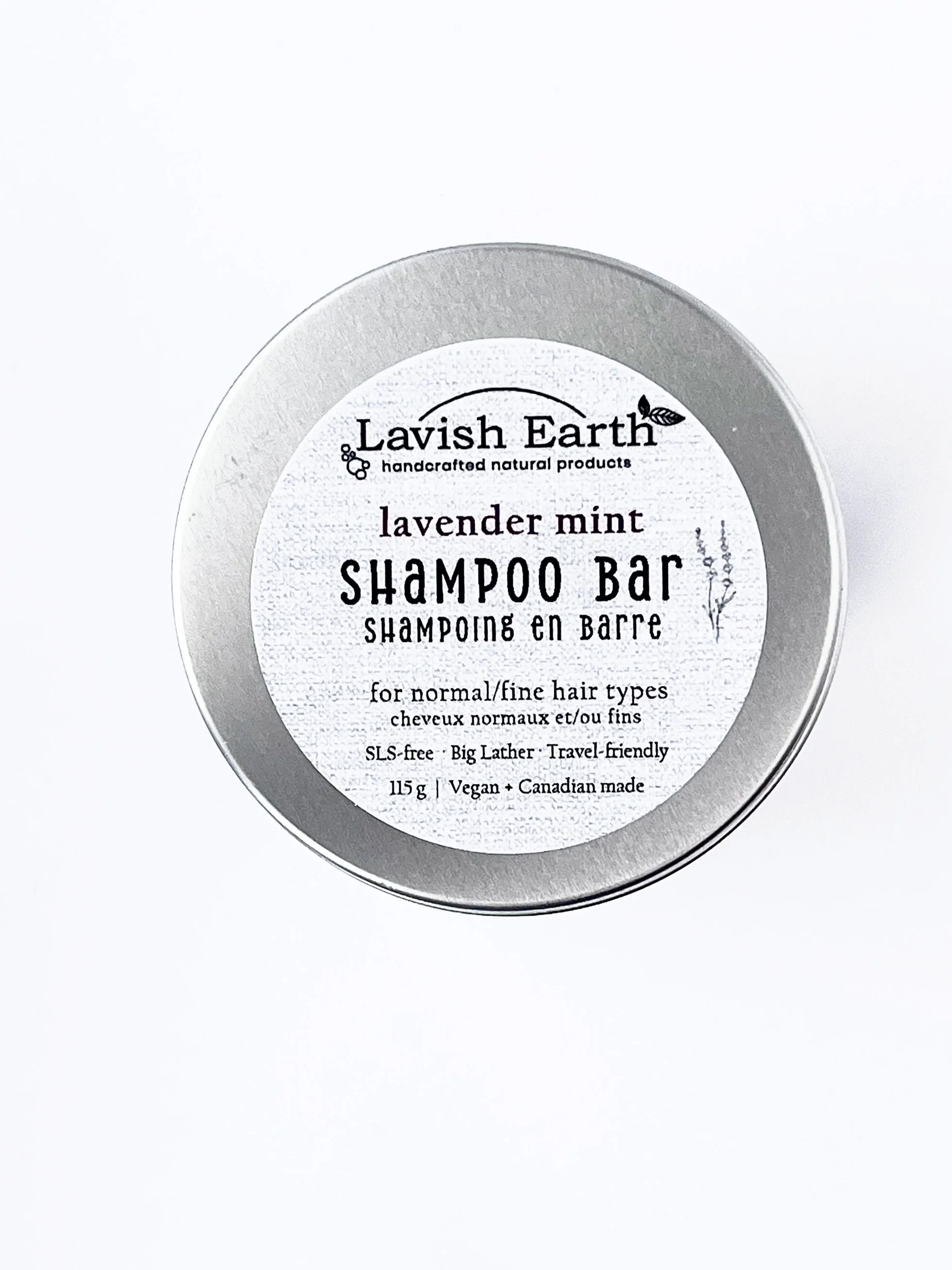 Lavish Earth lavender mint shampoo bar in tin, natural solid syndet style SCI solid shampoo Ontario