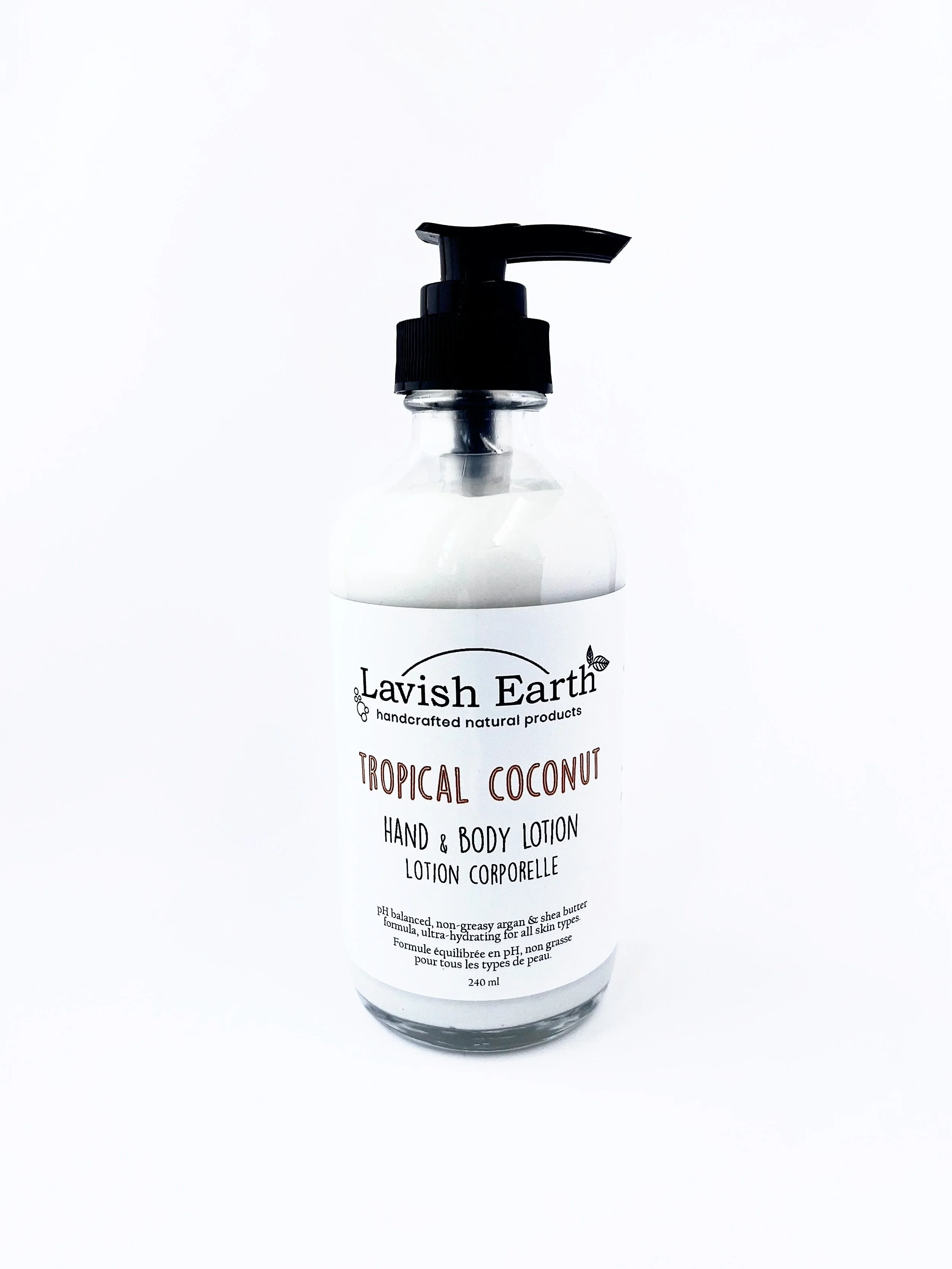 Lavish Earth tropical coconut hand and body lotion, non-sticky formula, argan oil rich, handcrafted in Ontario