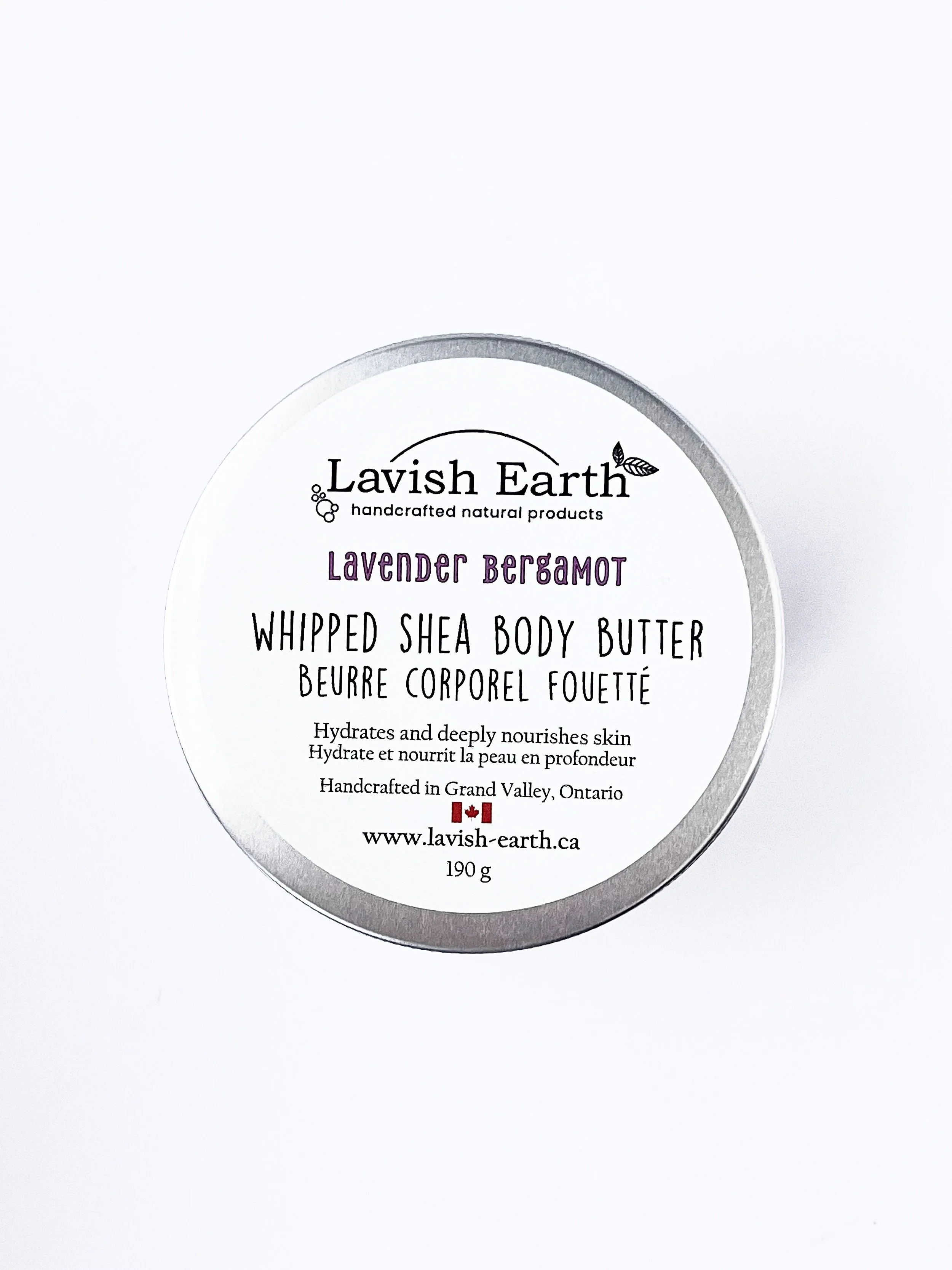 Lavish Earth lavender bergamot whipped shea body butter in tin, handcrafted natural moisturizer