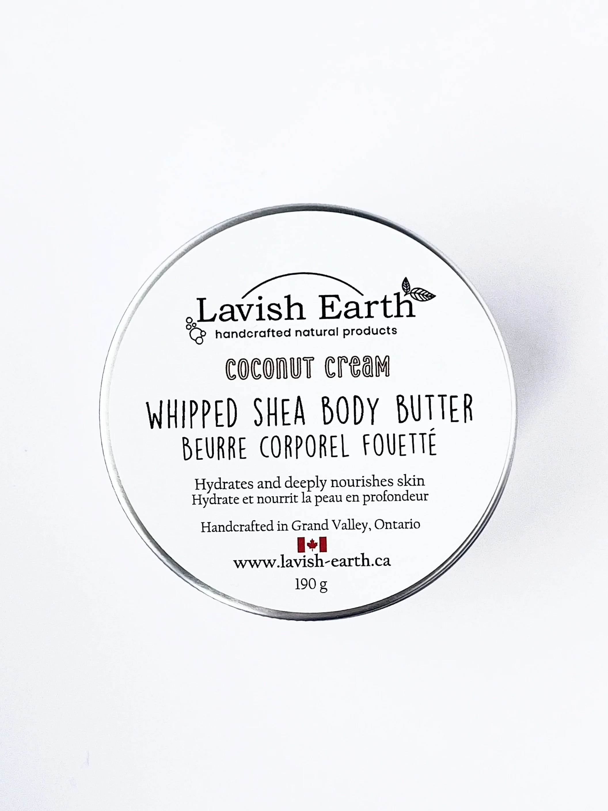 Lavish Earth coconut cream whipped shea body butter in tin, deeply moisturizing natural skincare