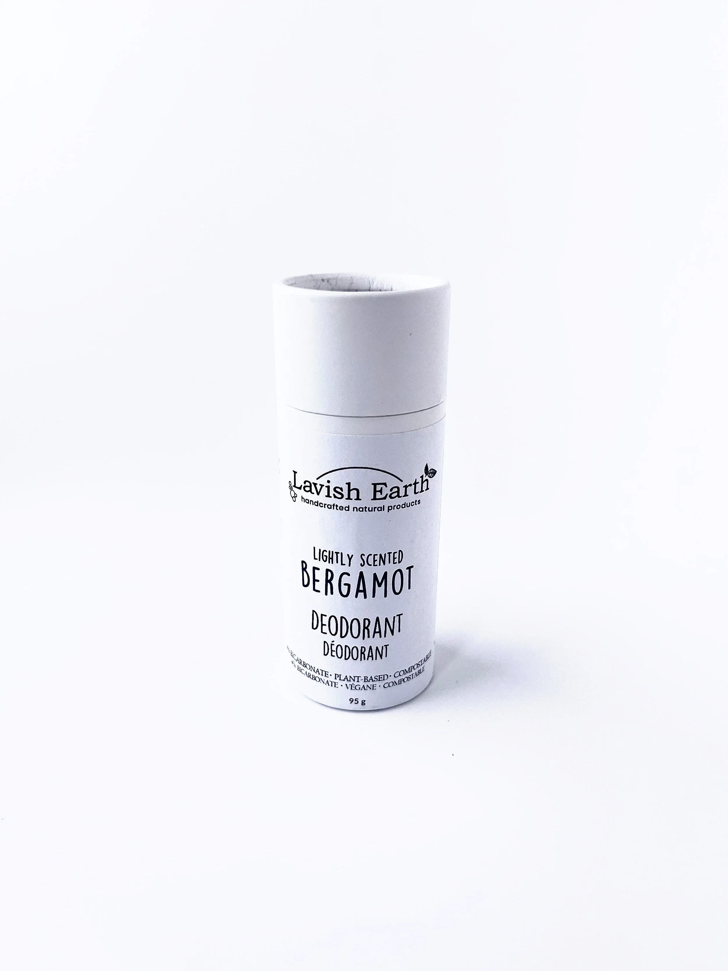 Lavish Earth gently scented bergamot natural deodorant stick, aluminum free handcrafted in Ontario