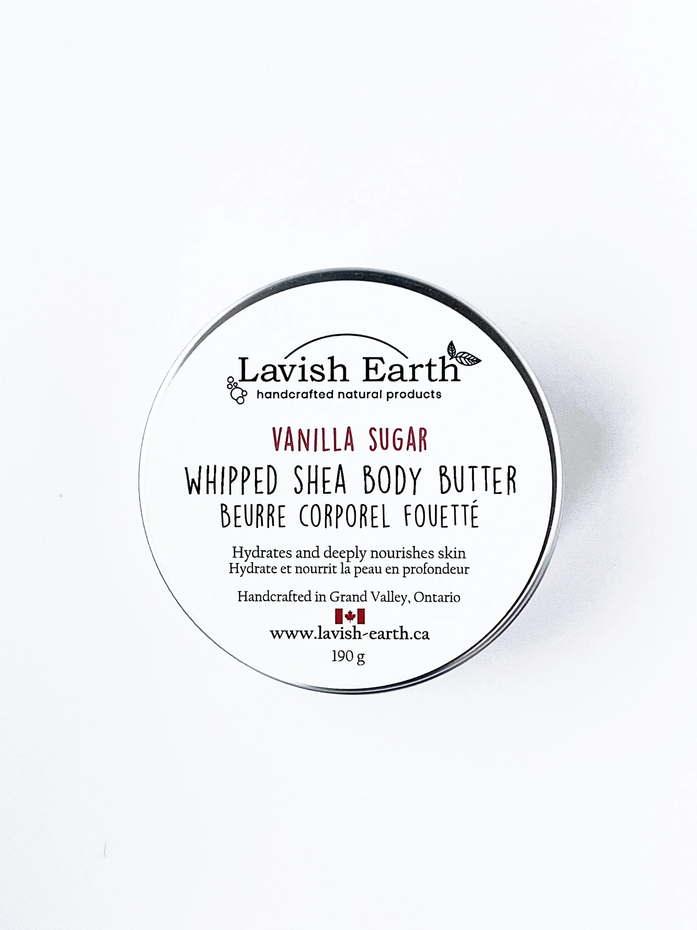 Lavish Earth vanilla sugar triple whipped fluffy soft body butter in tin, handcrafted in Grand Valley