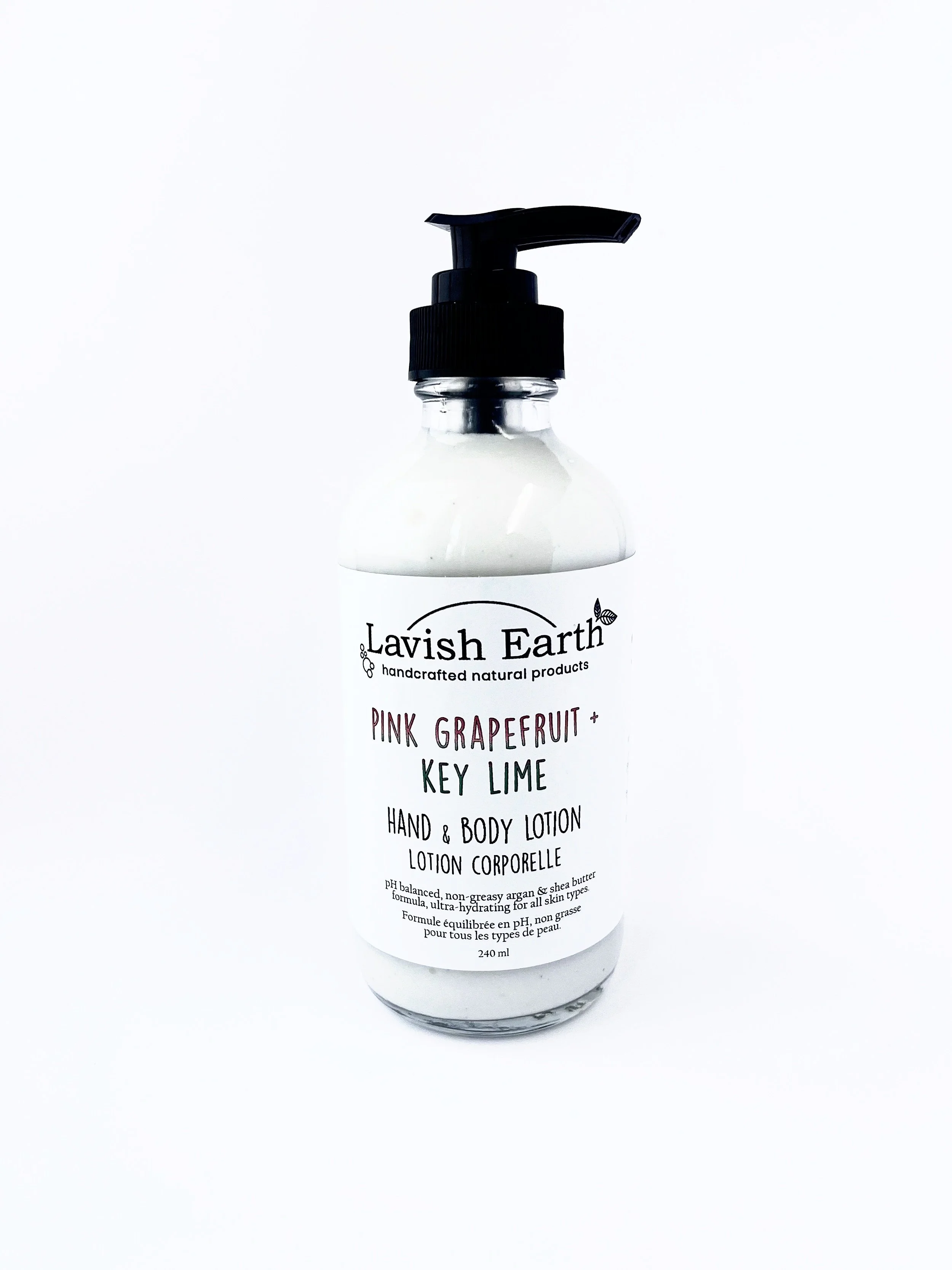 Lavish Earth pink grapefruit key lime hand and body lotion in glass pump bottle, natural skincare Ontario