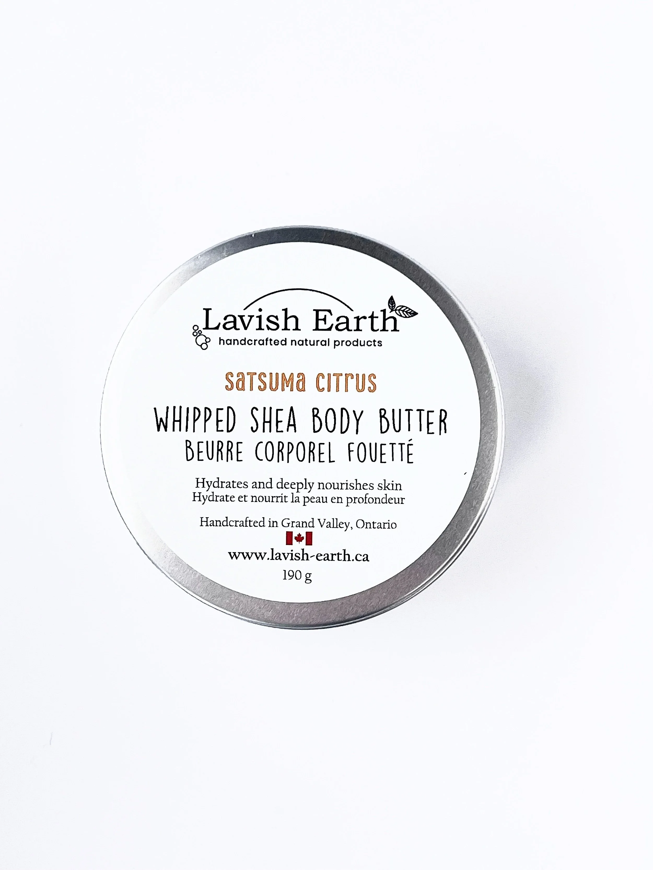 Lavish Earth satsuma citrus whipped shea body butter in tin, natural body moisturizer Ontario