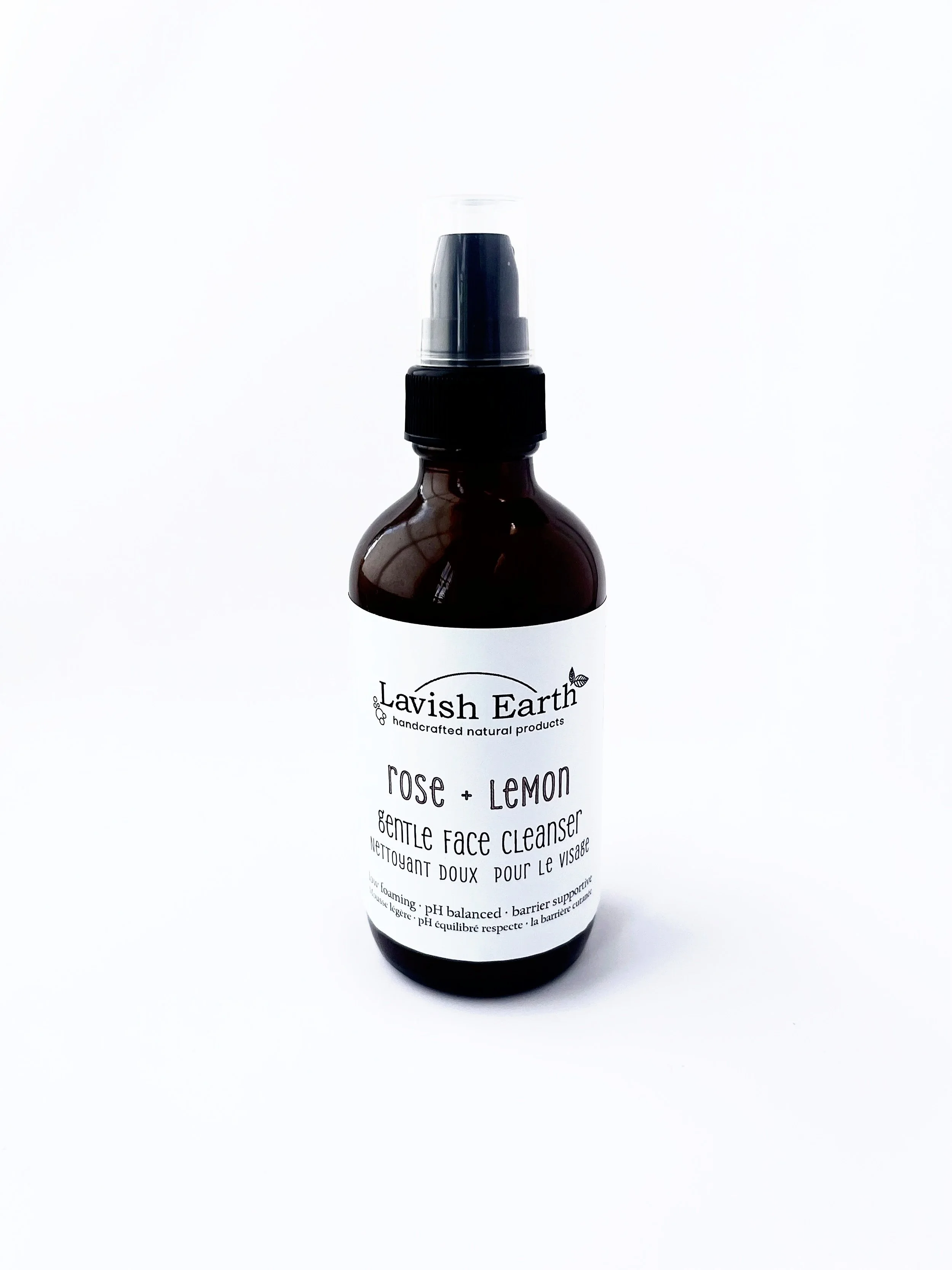 Lavish Earth rose lemon ylang ylang gentle face cleanser in amber dropper bottle, natural face cleanser Ontario
