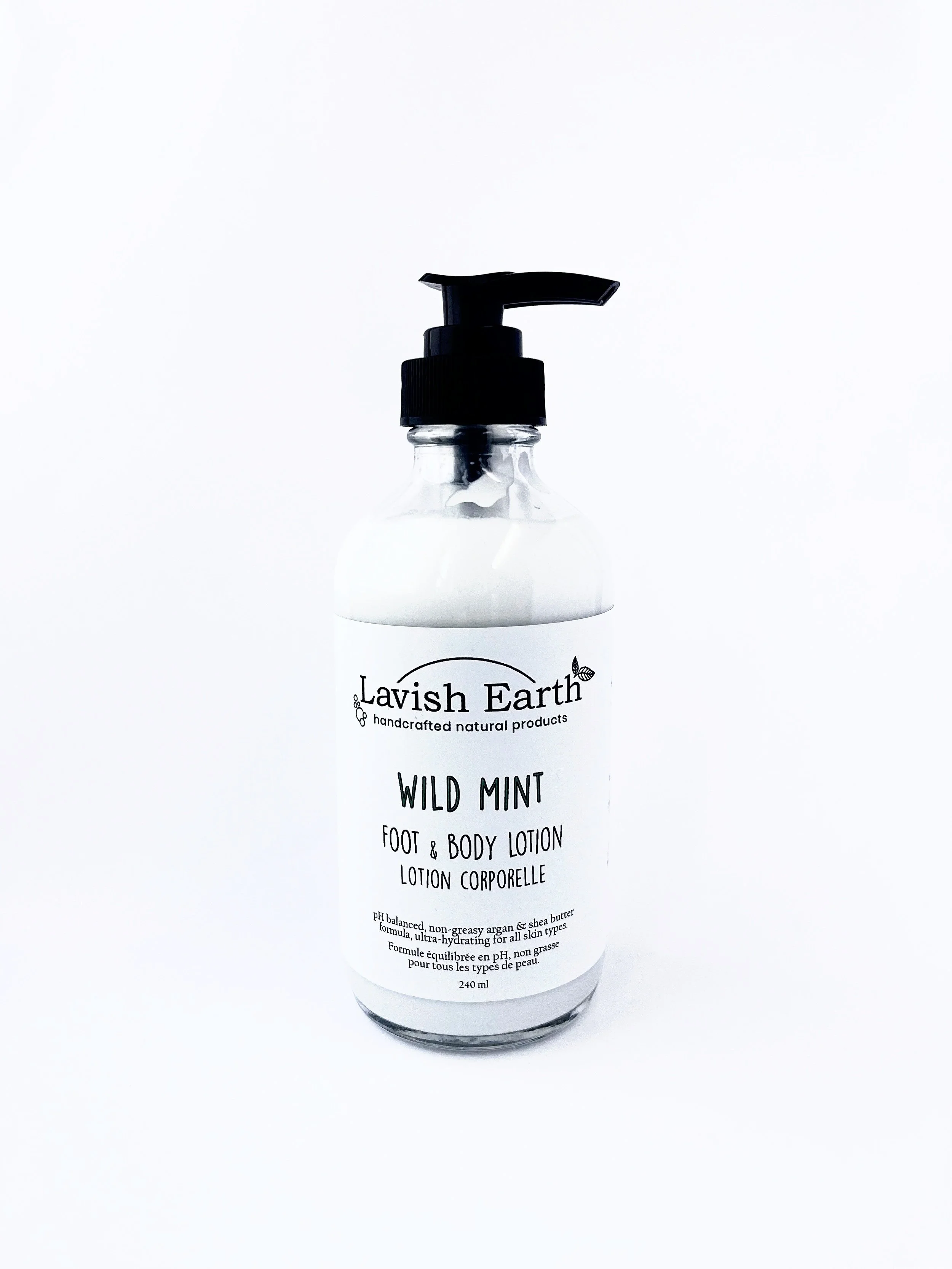 Lavish Earth Wild Mint foot hand and body lotion in glass bottle fast absorbing moisture Ontario