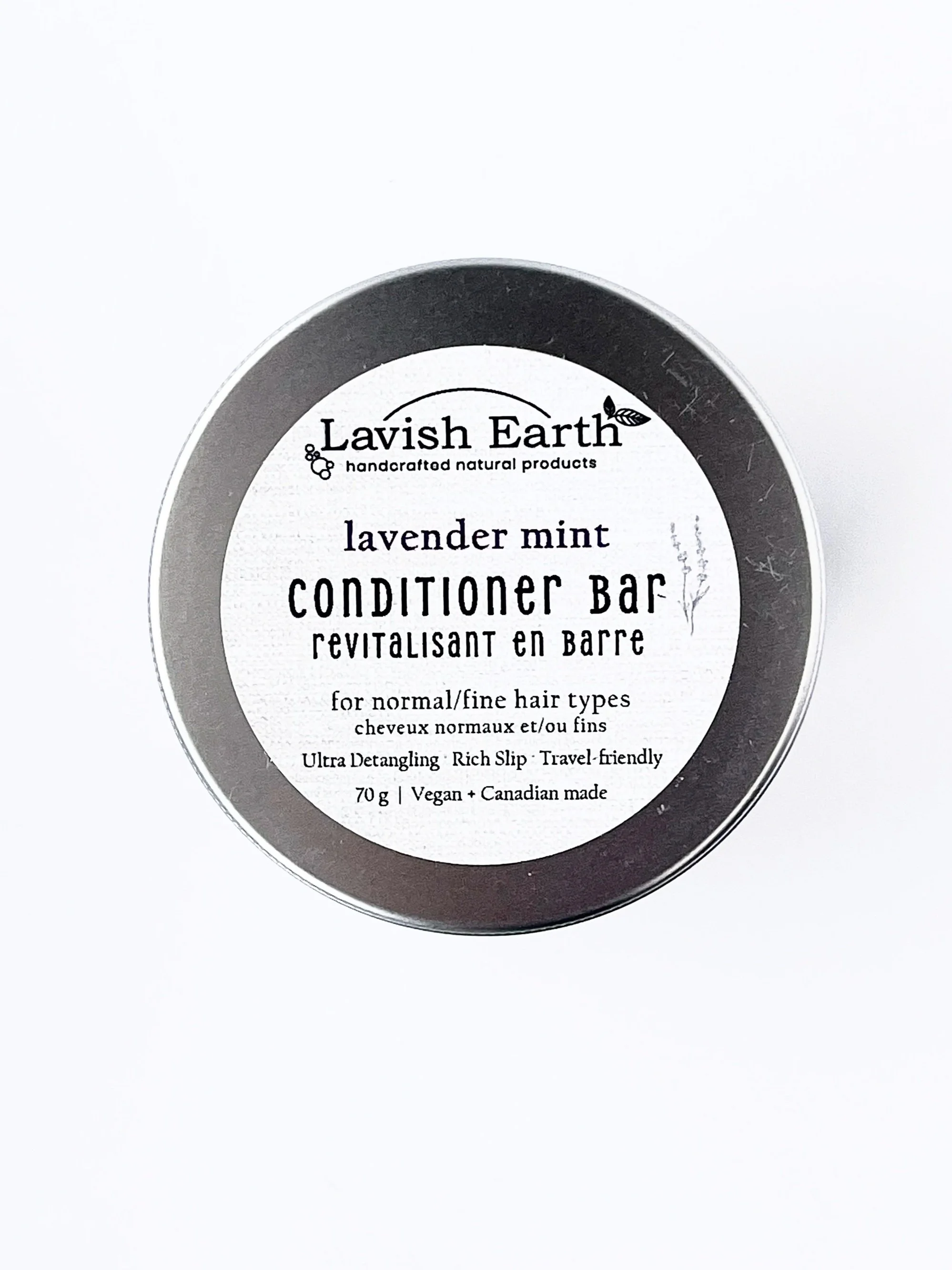 Lavish Earth lavender mint conditioner bar in tin, BTMS 50 natural solid bar for normal hair Ontario