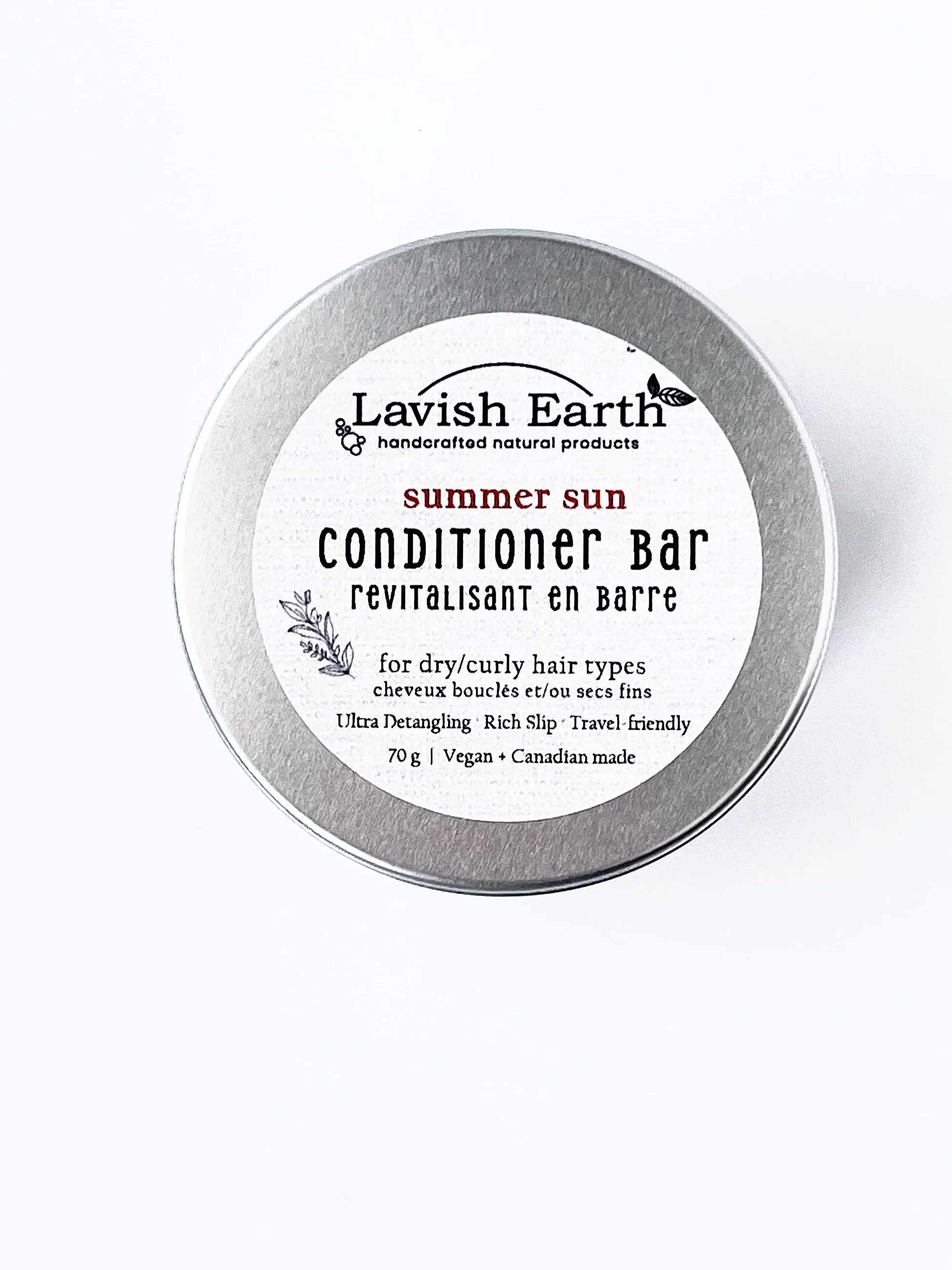 Lavish Earth summer sun conditioner bar in tin or in paper, BTMS 50 natural bar for dry curly hair Ontario