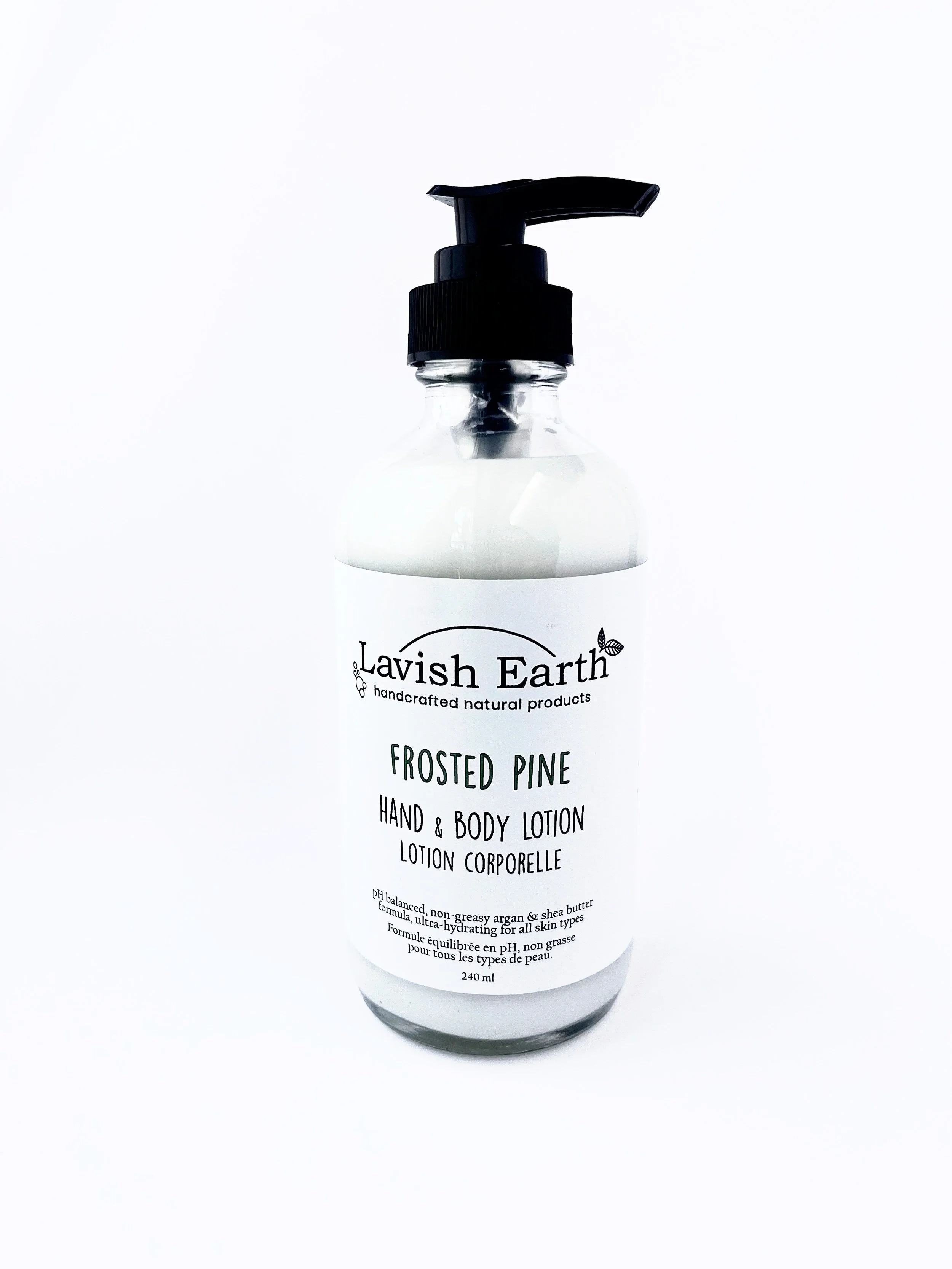 Lavish Earth frosted pine hand and body lotion in glass pump bottle, non-sticky lotion Ontario