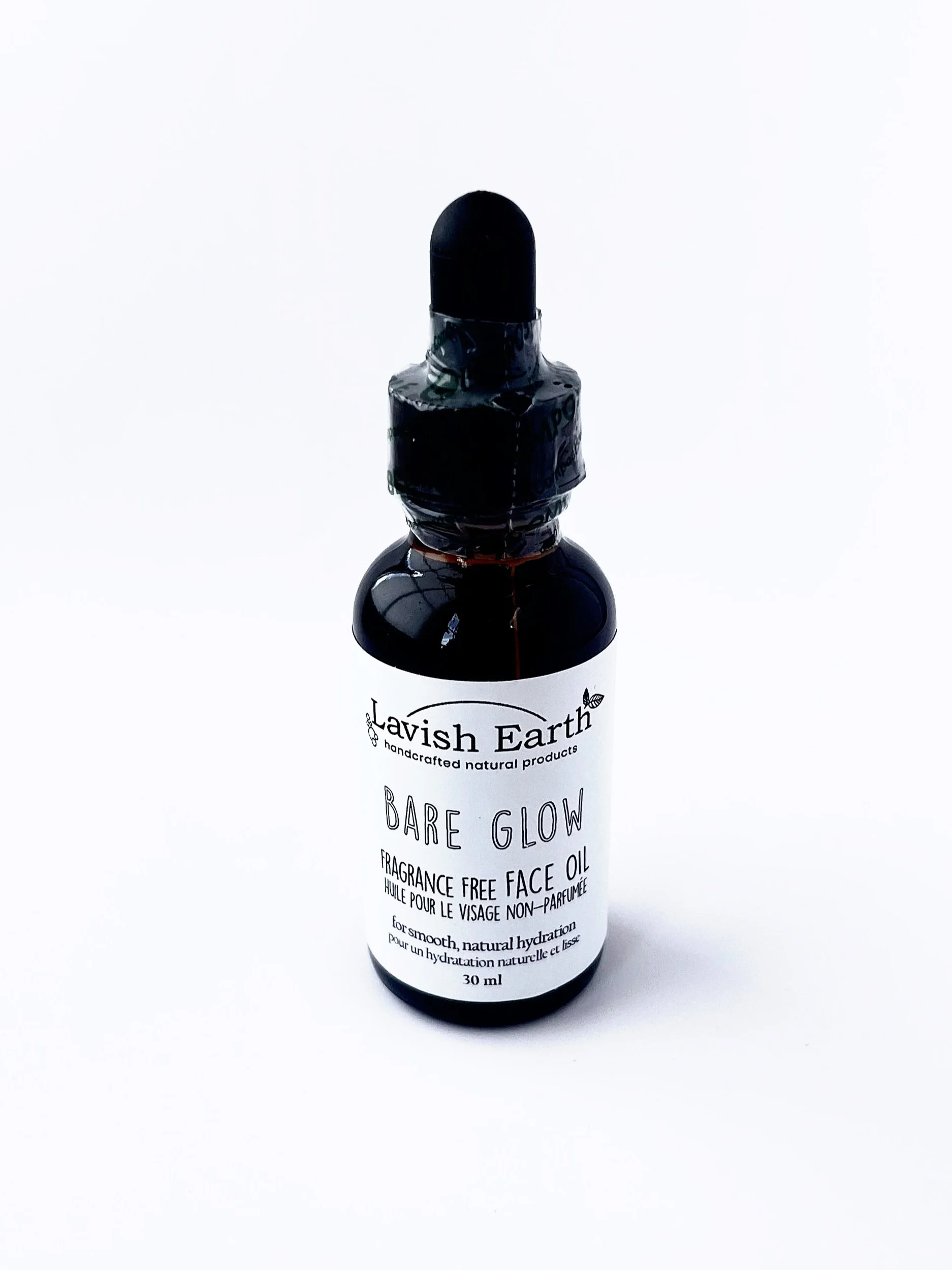 Lavish Earth Bare Glow face oil in amber glass bottle, meadowfoam oil sensitive skincare Ontario