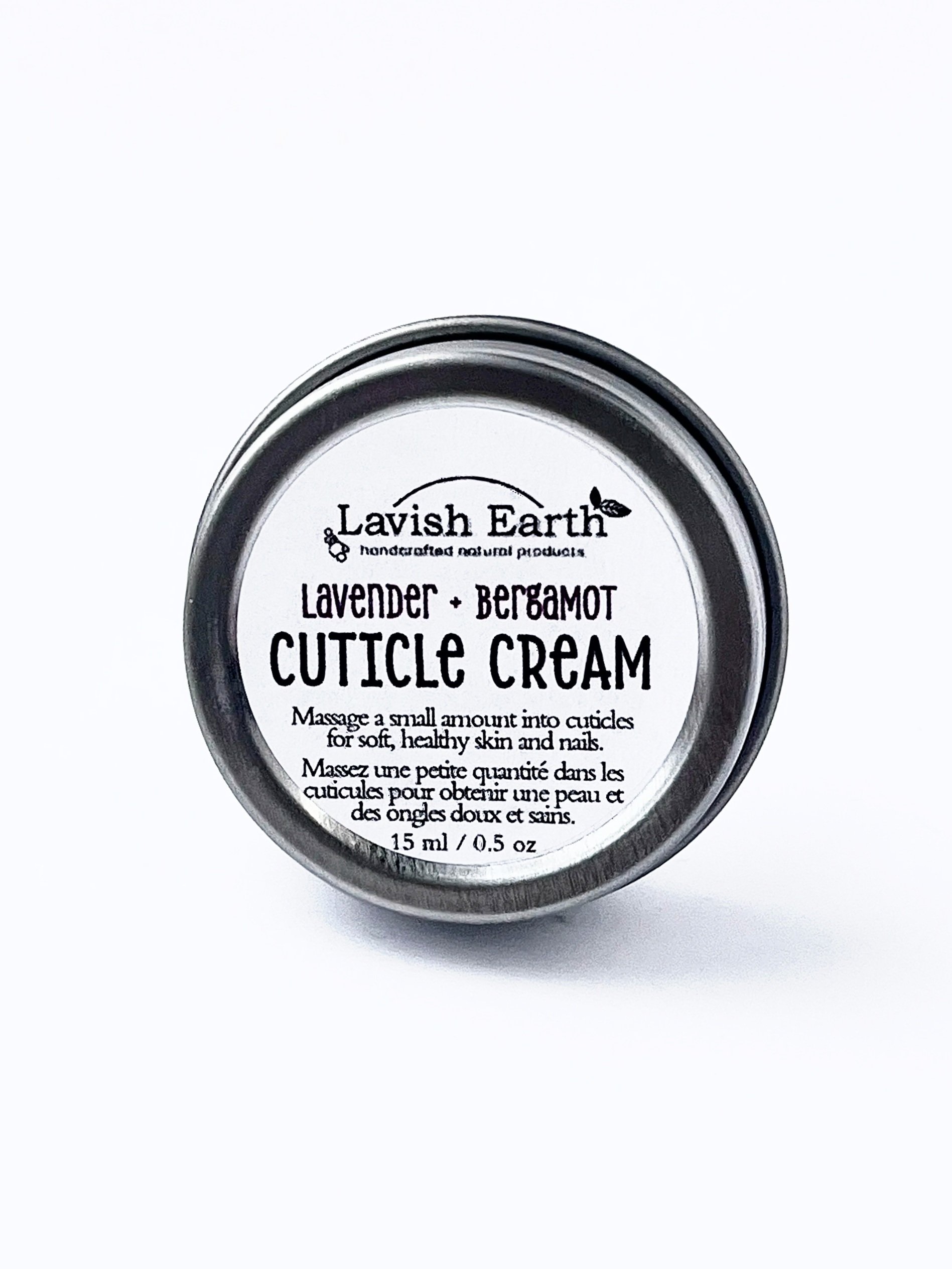 Lavish Earth Lavender bergamot cuticle cream in tin, handcrafted cuticle care Ontario Canada with premium sensitive skin safe formulations