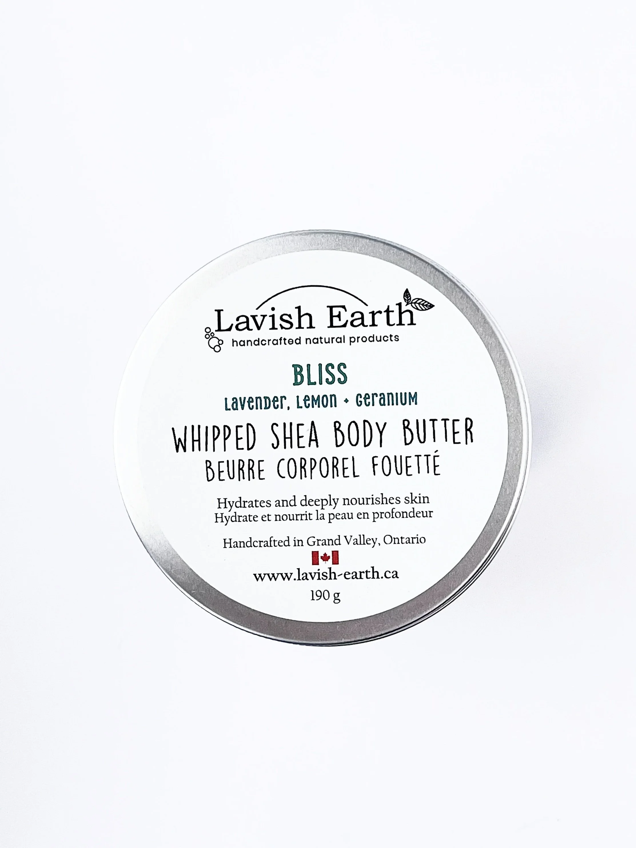 Lavish Earth Bliss lavender geranium lemon whipped shea body butter in tin, small batch natural skincare Ontario