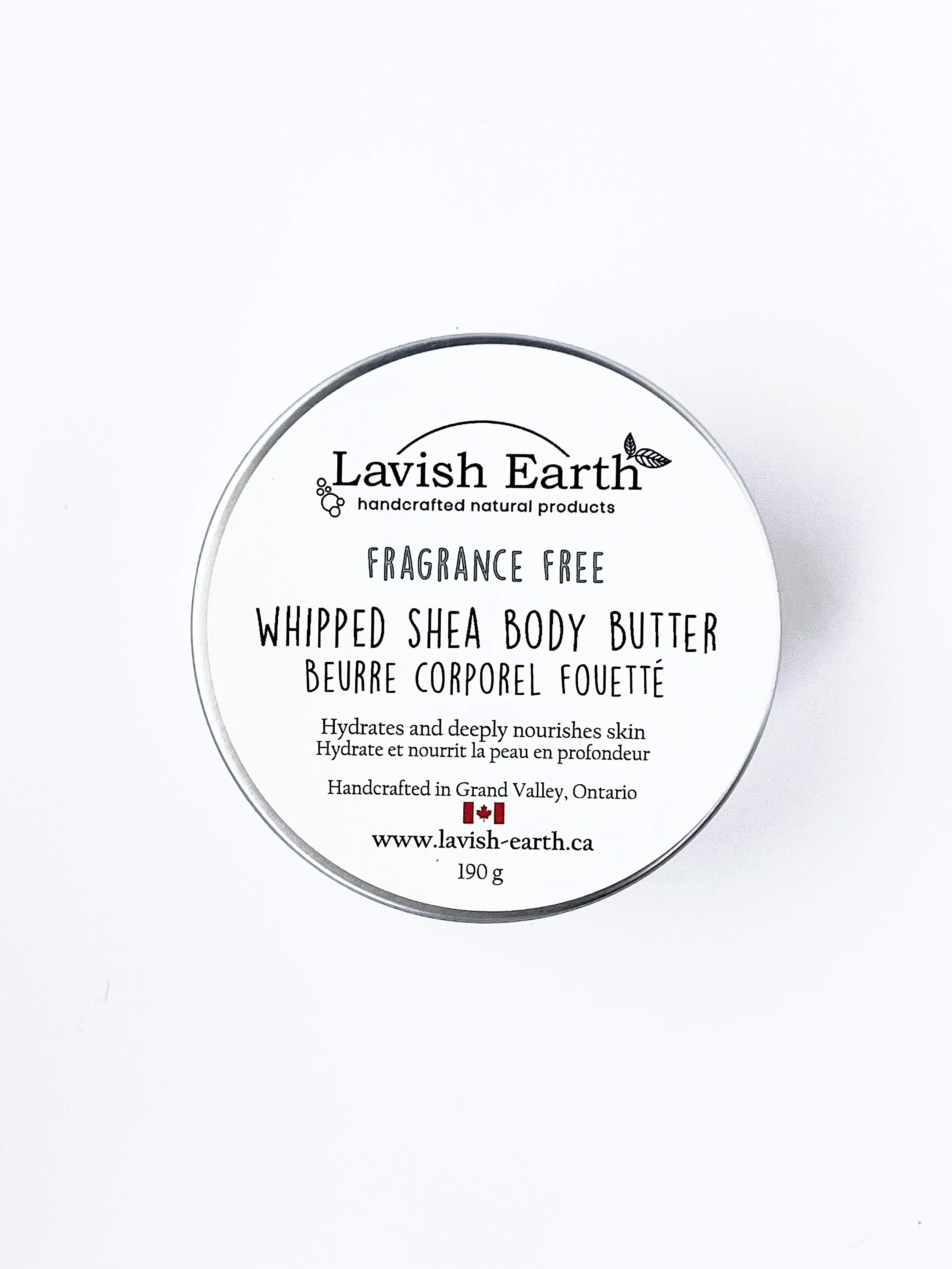 Lavish Earth Fragrance free whipped shea body butter in tin, sensitive skin natural moisturizer Ontario