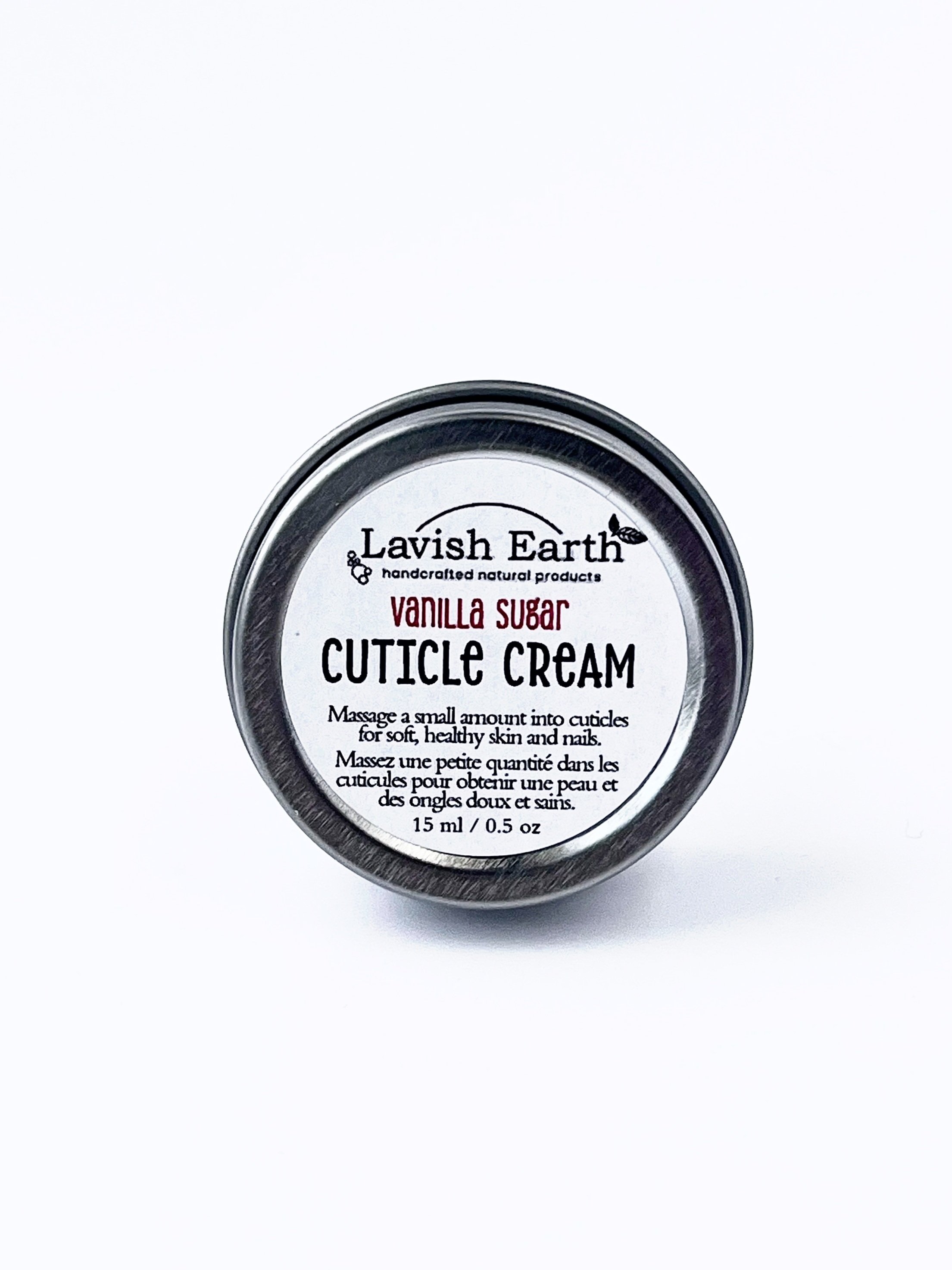 Lavish Earth vanilla sugar cuticle cream in tin, natural hand care Ontario Canada, babassu and premium ingredients fast absorbing formulation