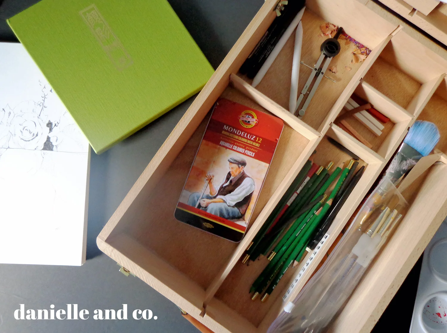 Art supplies in a portable art sketch box and easel.