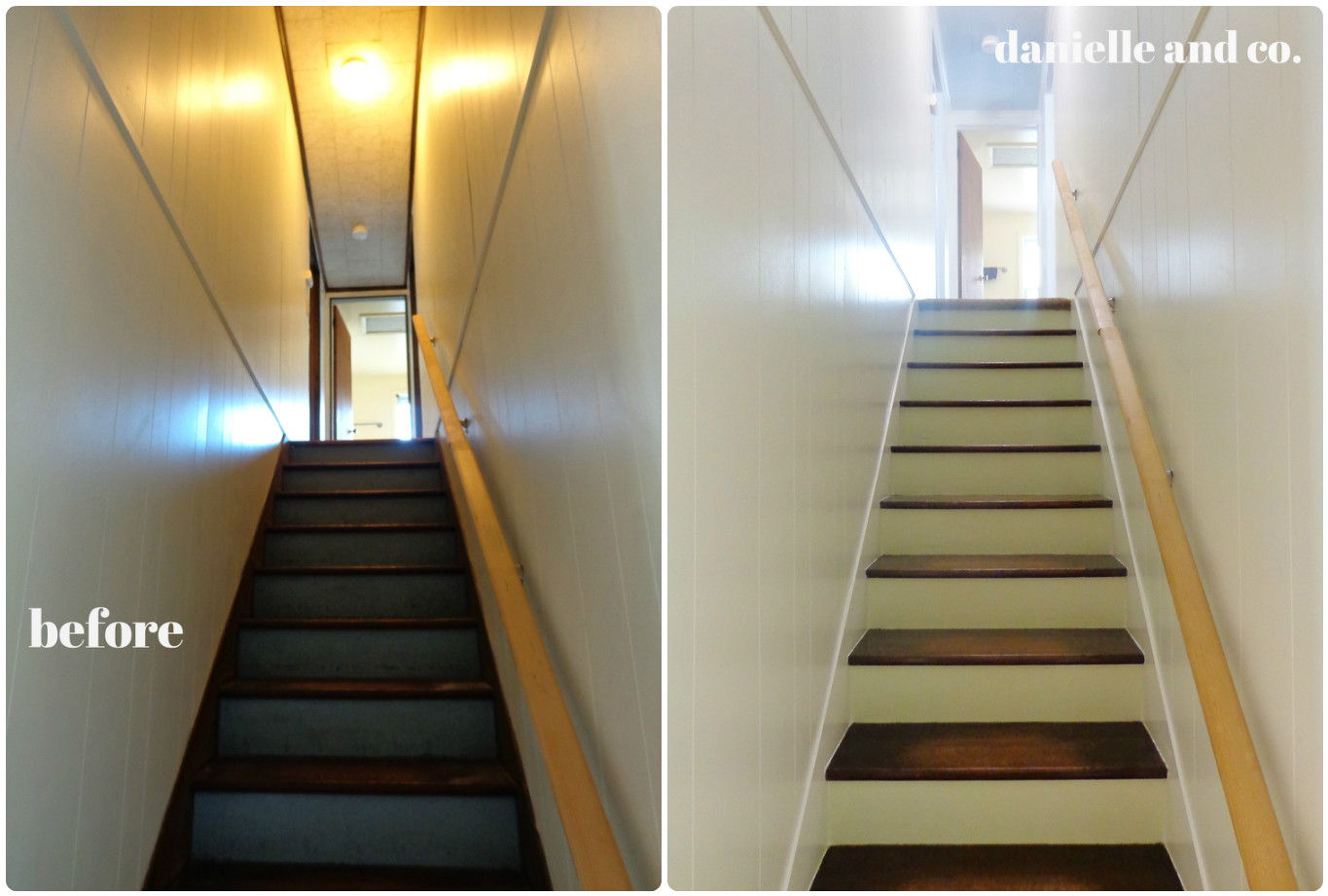 An affordable staircase update - check out the before & afters! House renovation that is practical and still transforms a space! From danielleandco.com