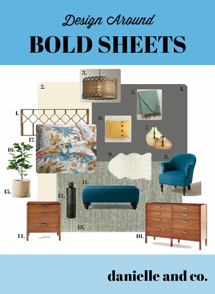Don't be afraid of bright colors and bold patterns in your bedroom! How to make bold sheets fit into a sophisticated, grown-up space at danielleandco.com