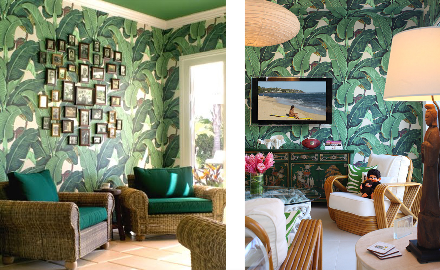 Ideas to design an office space around banana leaf wallpaper! A bold pattern can mix well with modern and glamorous elements, from danielle and co.
