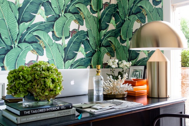 Ideas to design an office space around banana leaf wallpaper! A bold pattern can mix well with modern and glamorous elements, from danielle and co.