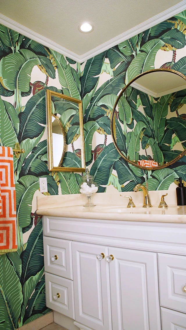 Ideas to design an office space around banana leaf wallpaper! A bold pattern can mix well with modern and glamorous elements, from danielle and co.
