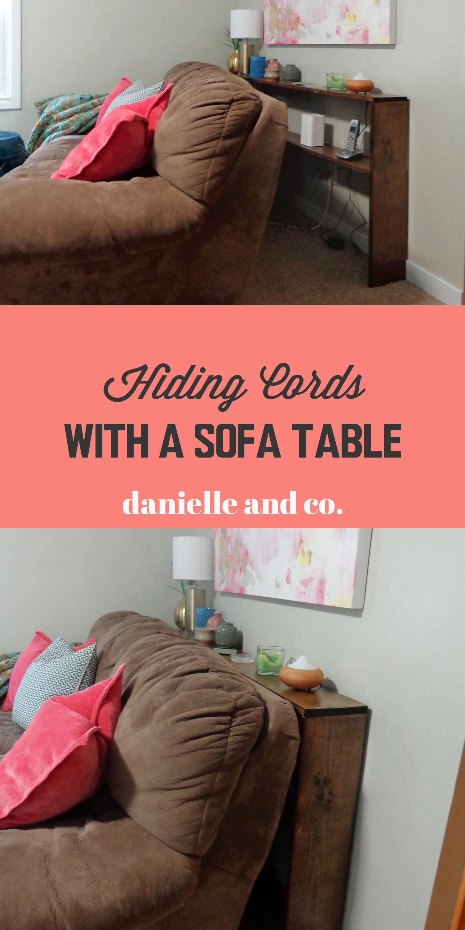 Hiding those &$#% cords with a DIY sofa table! Check out this version and links to other tutorials at danielle and co.