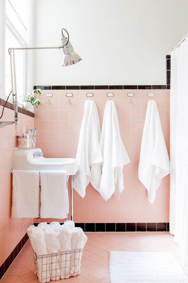 Designing around vintage pink tile to create a bright, cheerful, whimsical space! danielle and co.