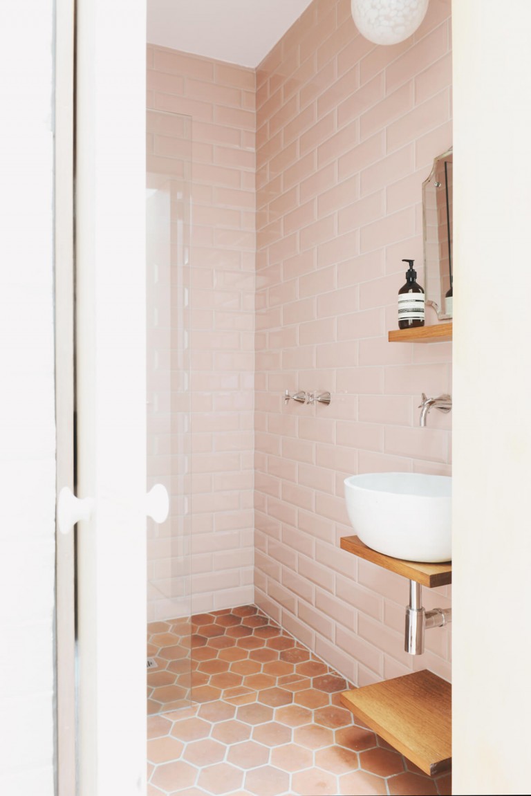 Designing around vintage pink tile to create a bright, cheerful, whimsical space! danielle and co.