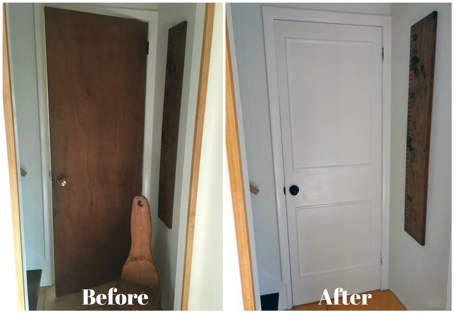 A DIY makeover of five (!!!!) doors at once! How to make old hollow-core doors clean and bright with paint and trim, from danielle and co.