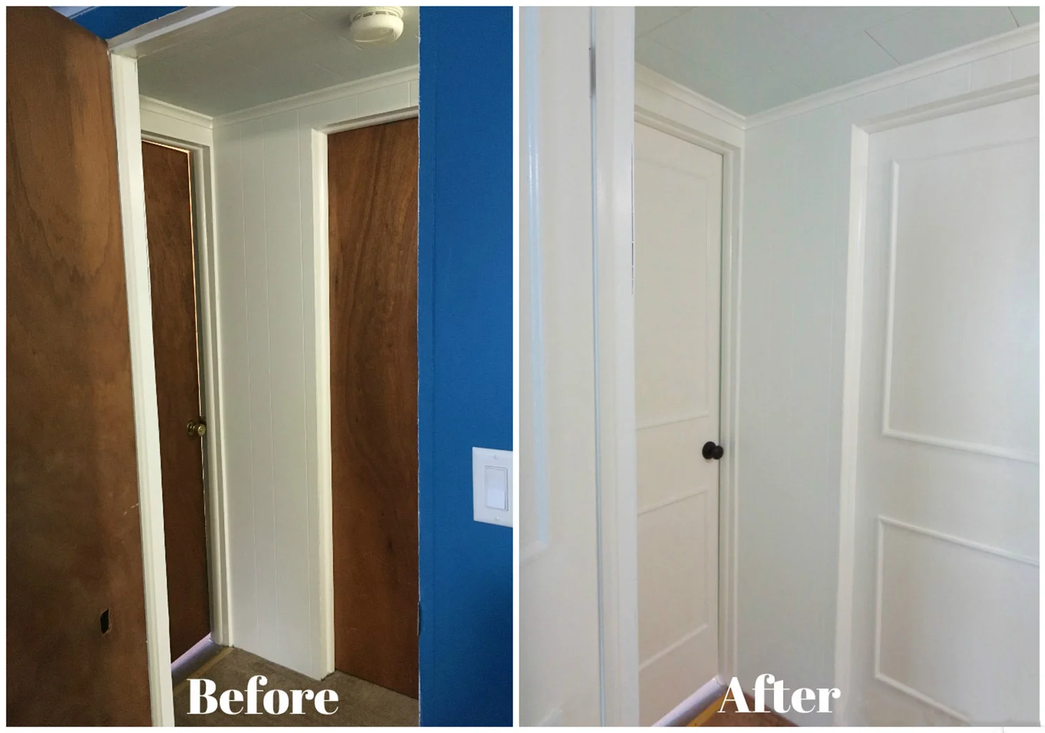 A DIY makeover of five (!!!!) doors at once! How to make old hollow-core doors clean and bright with paint and trim, from danielle and co.