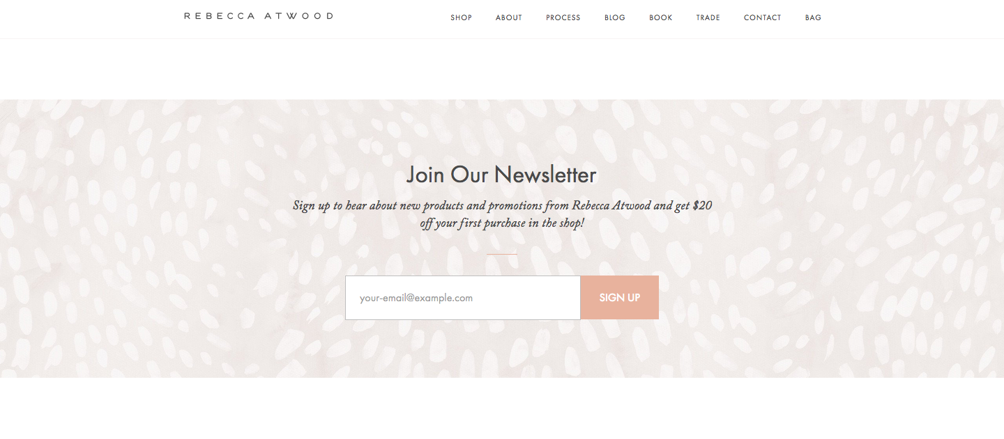 The neutral pattern on Rebecca Atwood's site keeps it looking professional and calming, but adds so much interest.
