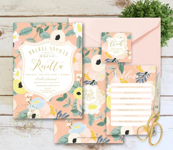 A pattern can make invitations more or less formal, depending on what you choose. I think this suite by Freshmint Paperie strikes a great balance between the two!