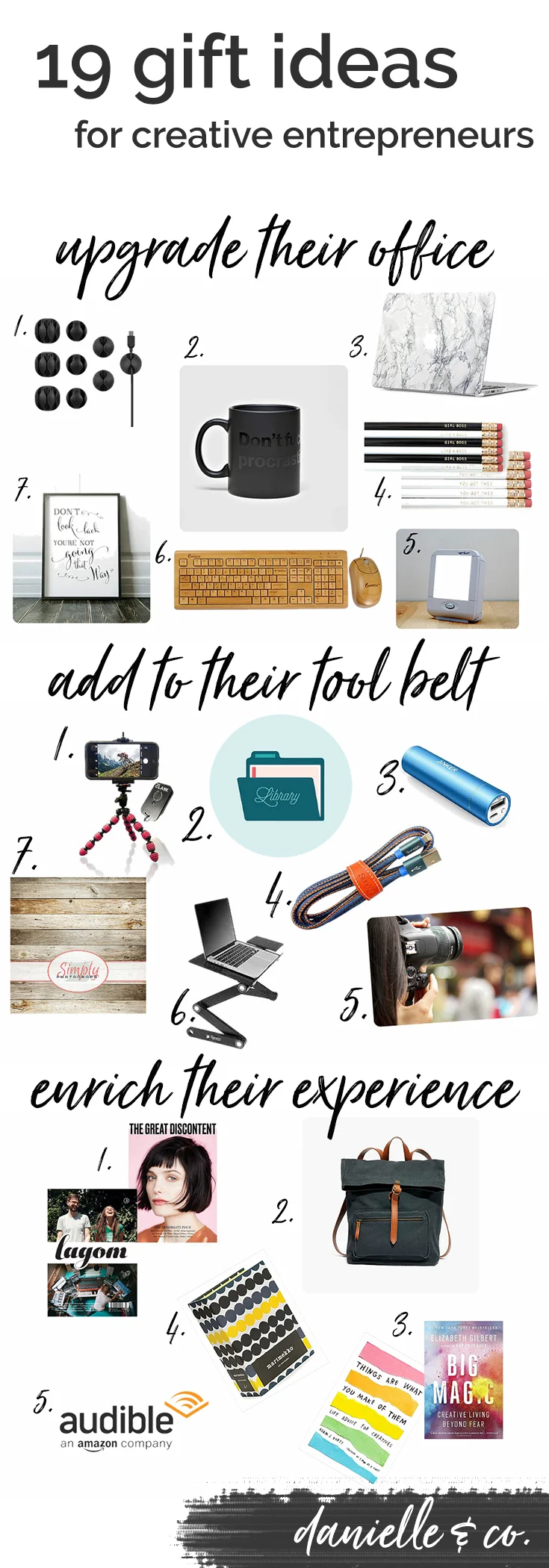Gift ideas for creative entrepreneurs; how to add to their tool belt, upgrade their office, and enrich their experience this holiday season! From danielle & co.